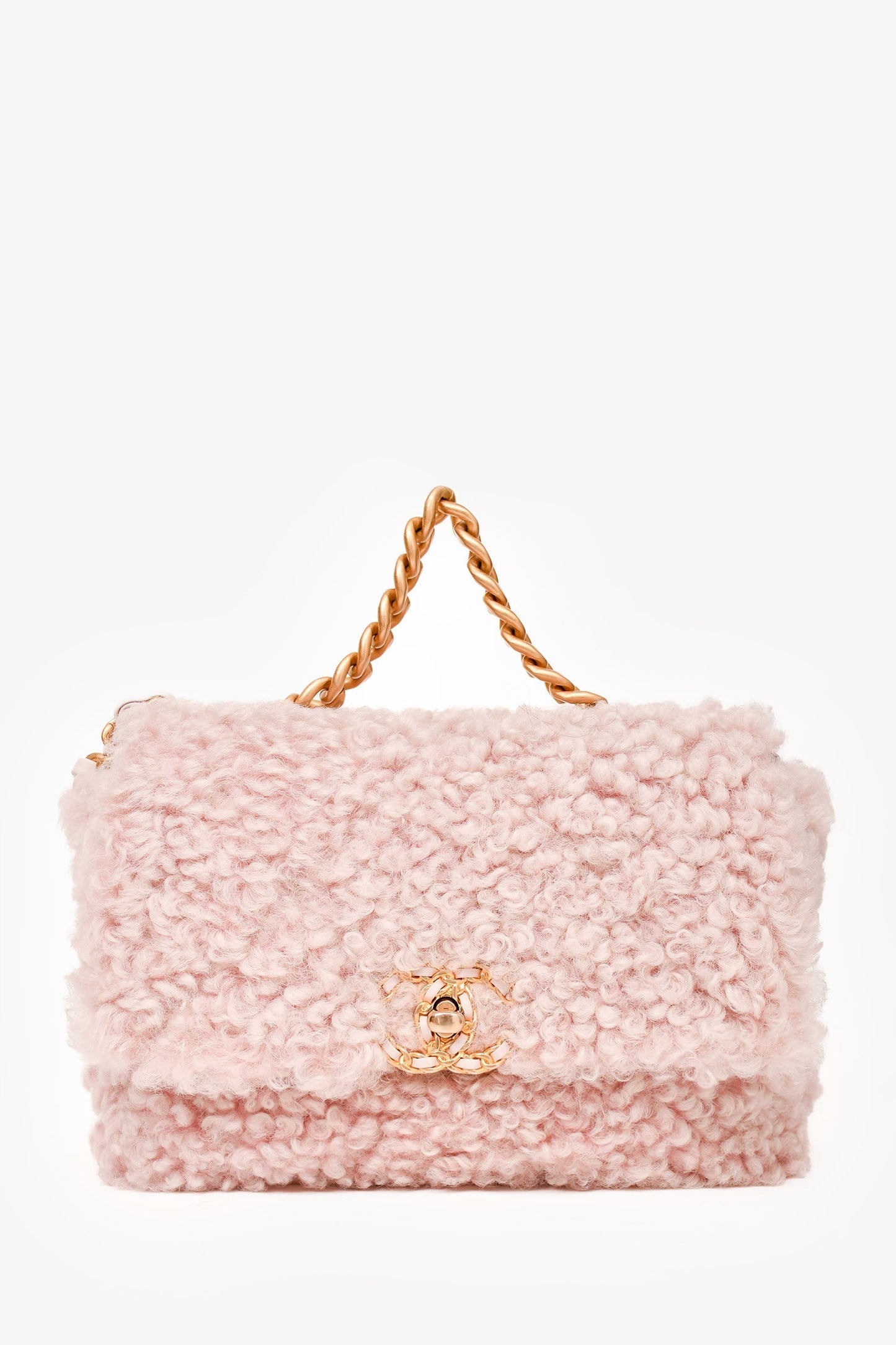 Chanel 2021 Pink Shearling 'Chanel 19' Medium Flap Shoulder Bag