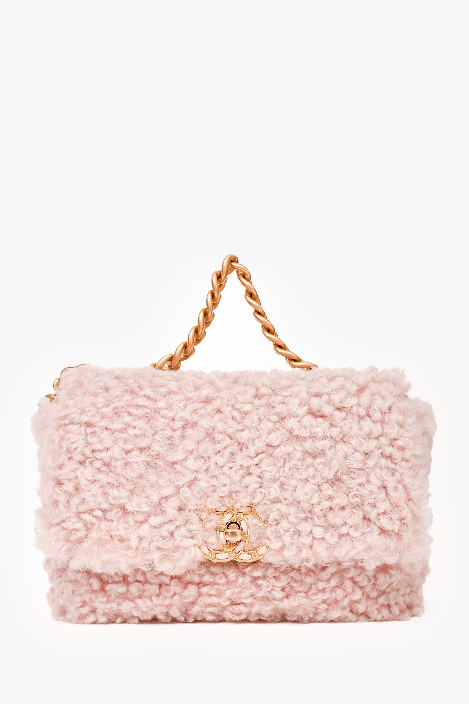 Chanel 2021 Pink Shearling 'Chanel 19' Medium Flap Shoulder Bag
