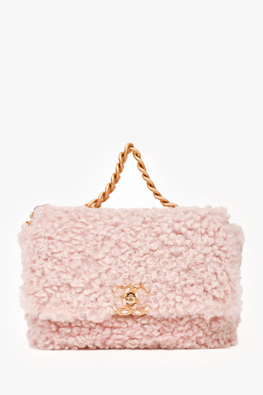 Chanel 2021 Pink Shearling 'Chanel 19' Medium Flap Shoulder Bag