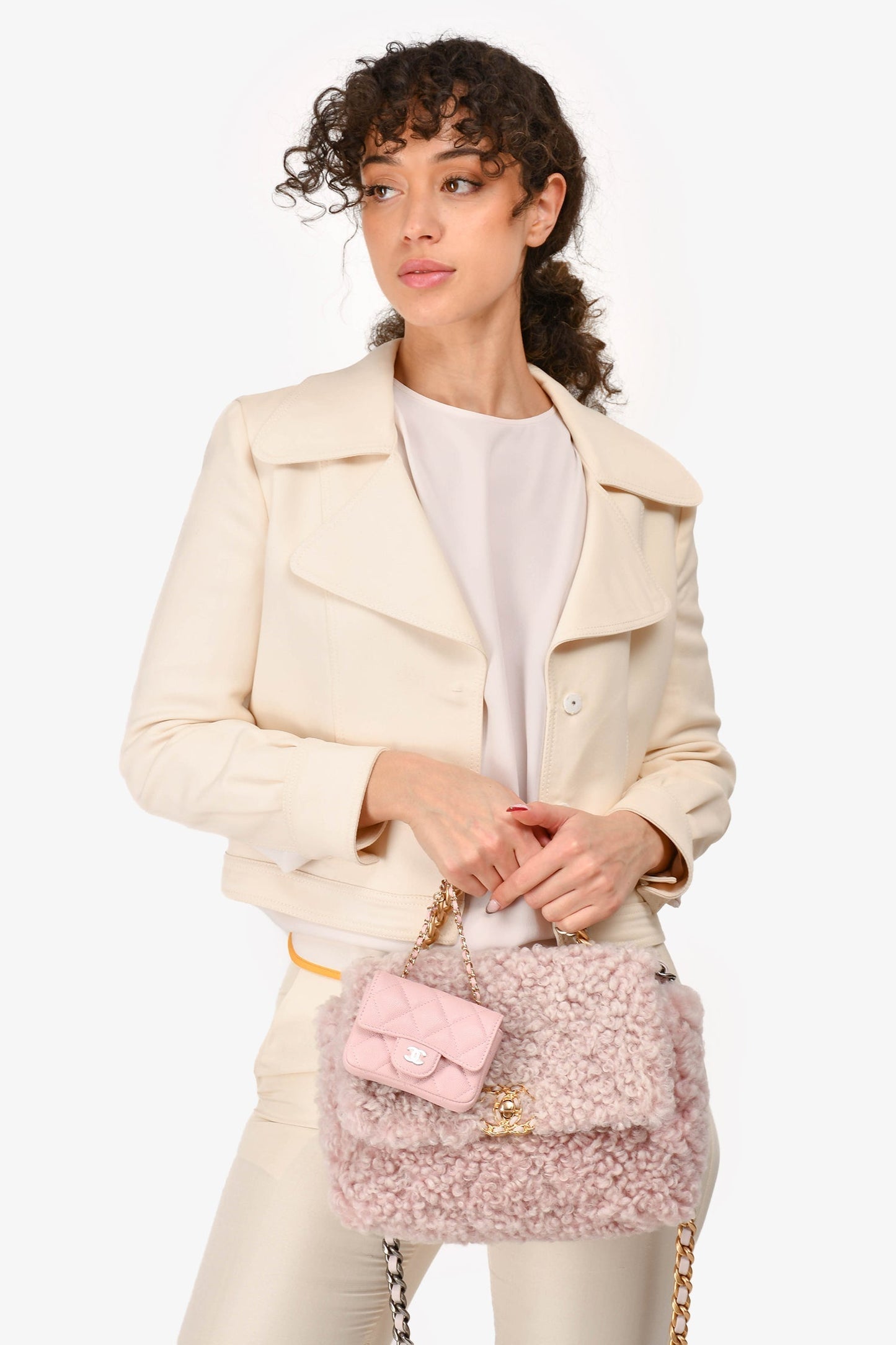 Chanel 2021 Pink Shearling 'Chanel 19' Medium Flap Shoulder Bag