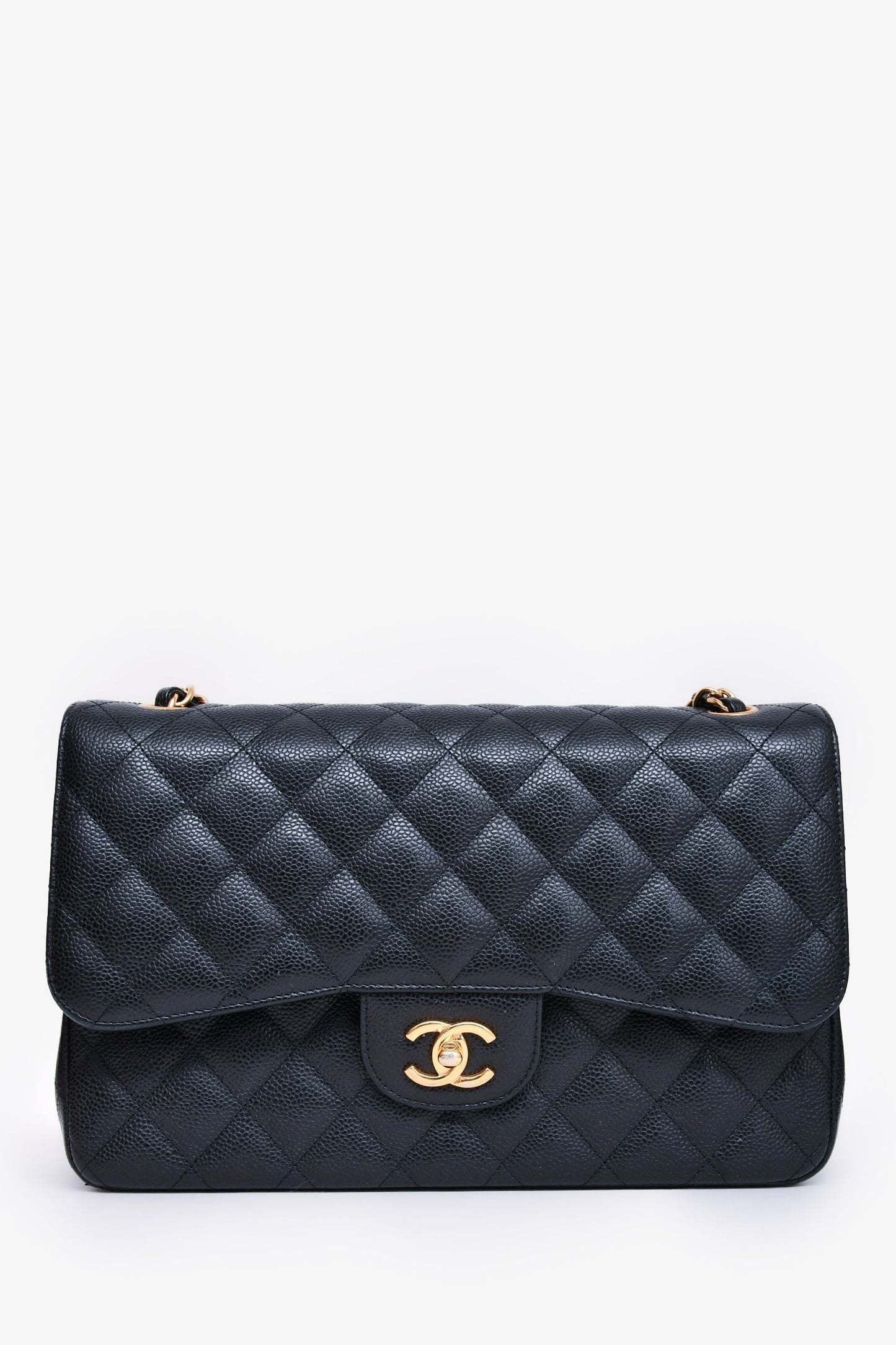 Chanel 2019 Black Caviar Leather Jumbo Double Flap Should Bag