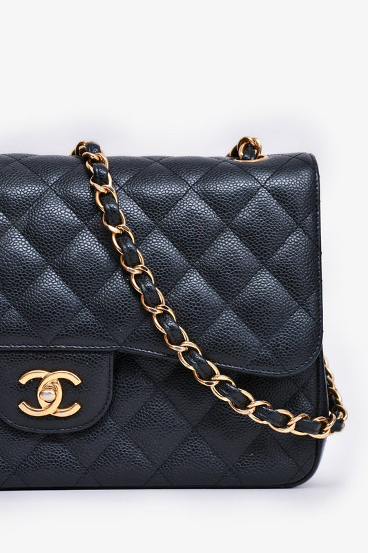 Chanel 2019 Black Caviar Leather Jumbo Double Flap Should Bag