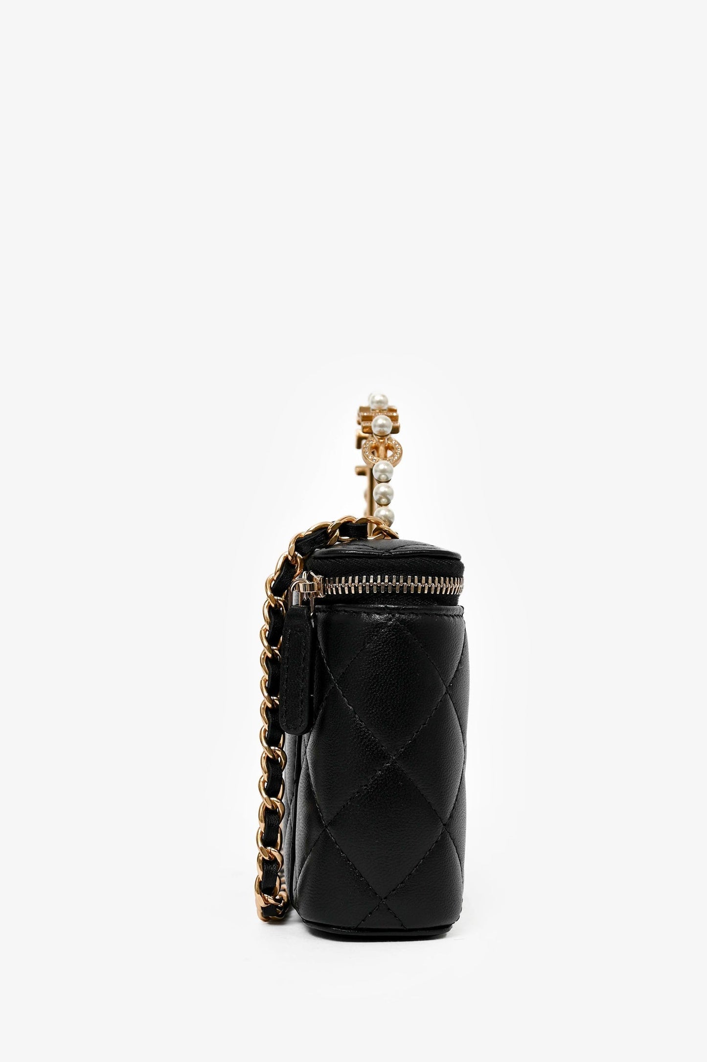 Chanel 2023 Black Lambskin Pearl CC Vanity Top Handle Handbag