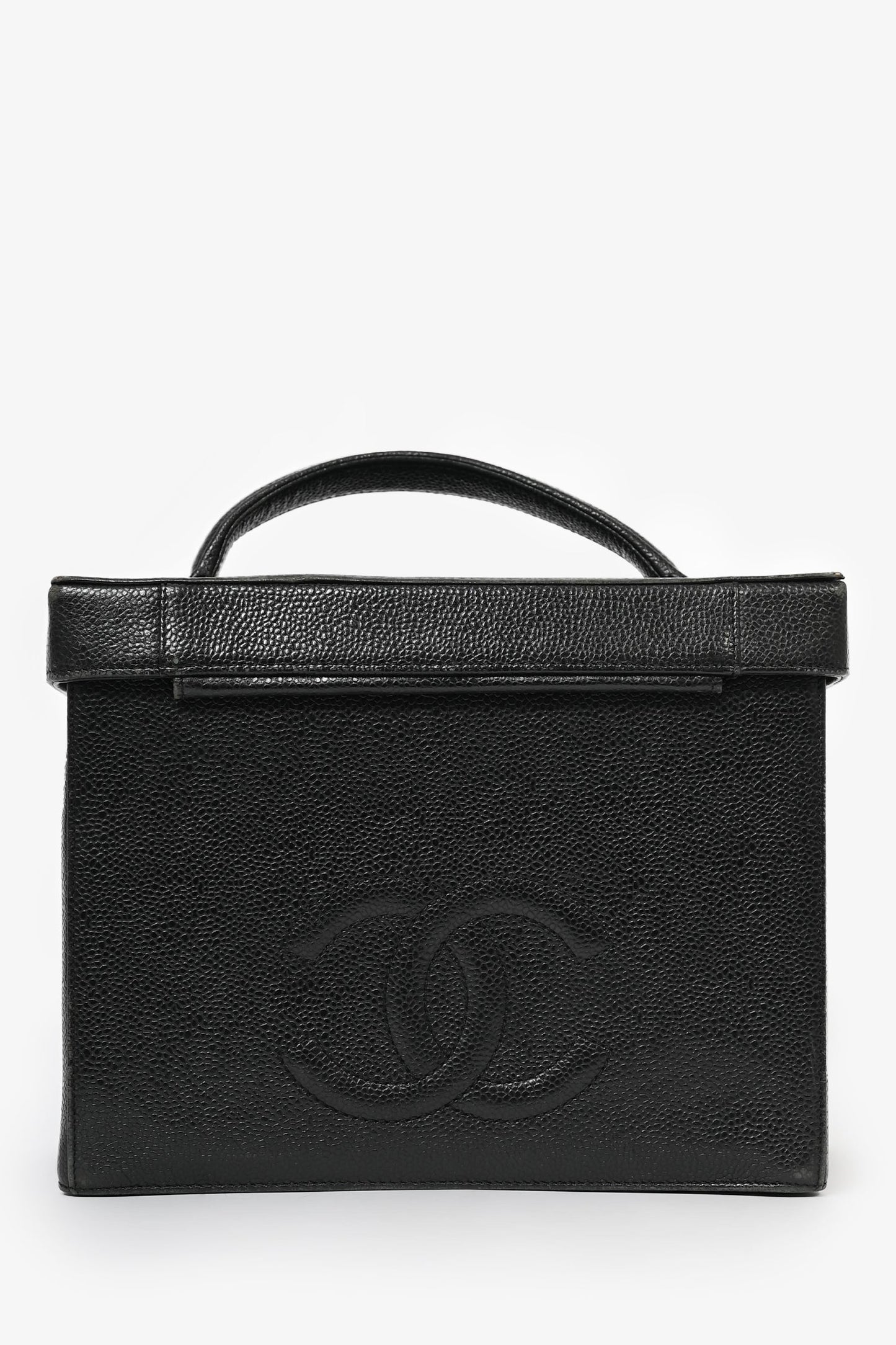 Chanel 1991-94 Black Caviar Leather CC Box Vanity Makeup Case with Chain Strap (As Is) Handbag