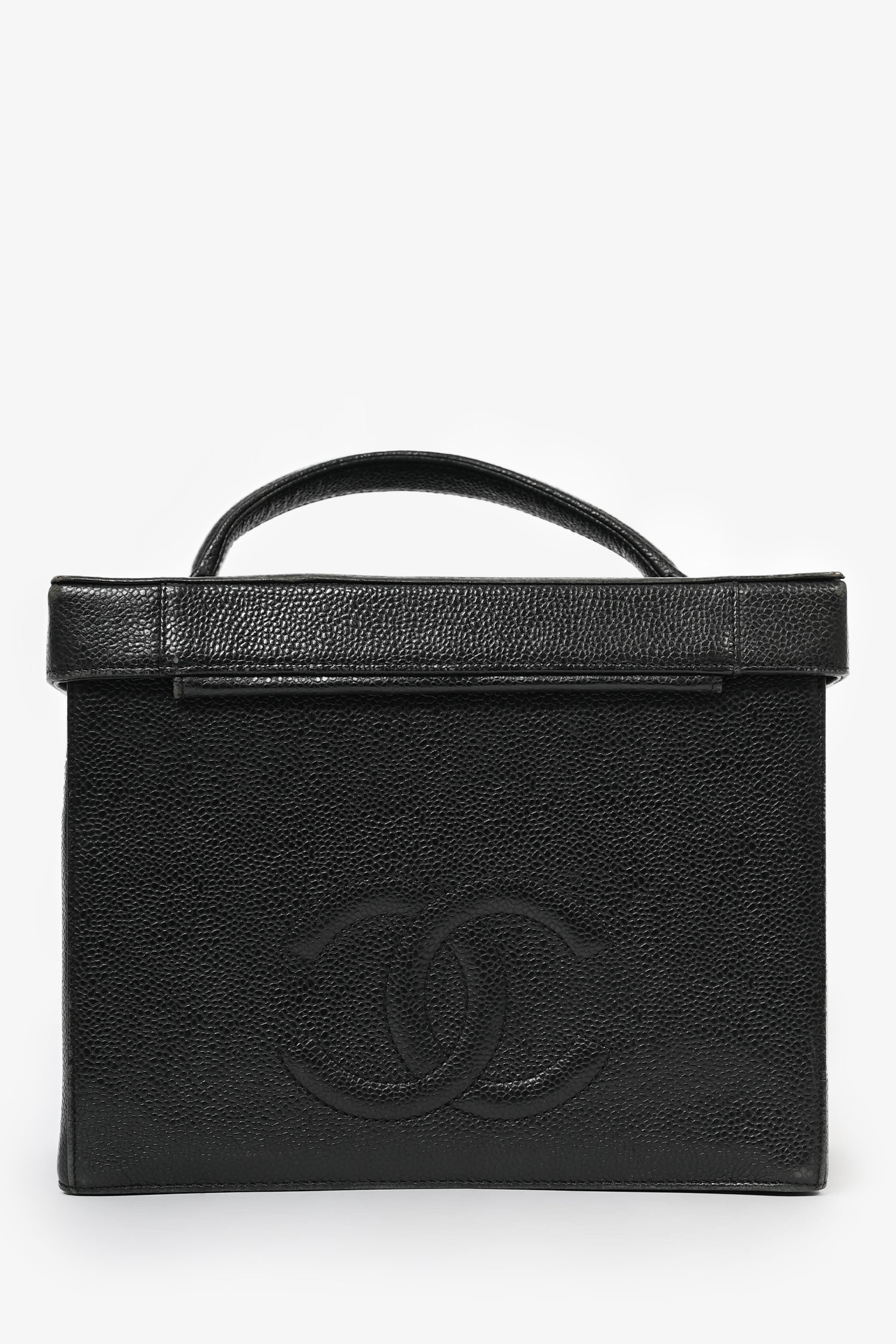 Chanel 1991-94 Black Caviar Leather CC Box Vanity Makeup Case with Chain Strap (As Is) Handbag