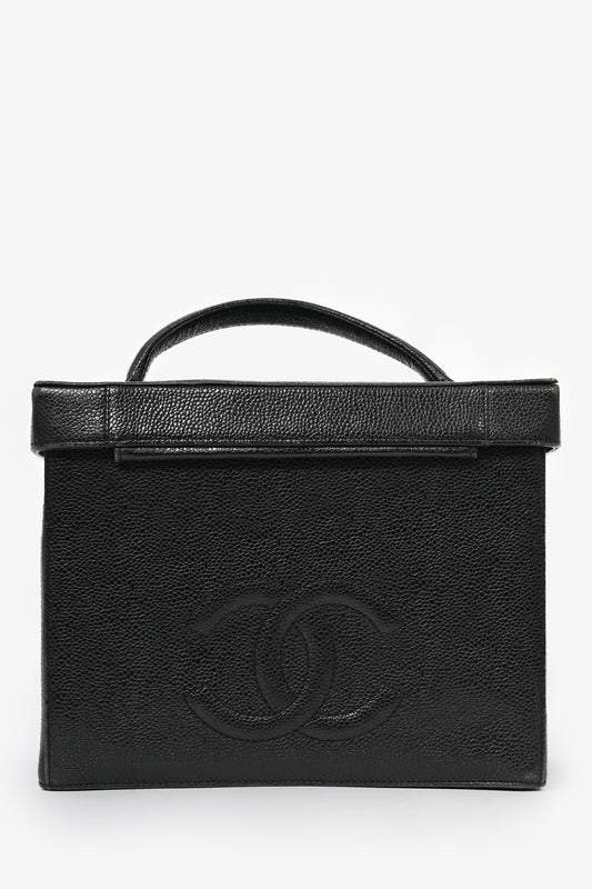 Chanel 1991-94 Black Caviar Leather CC Box Vanity Makeup Case with Chain Strap (As Is) Handbag