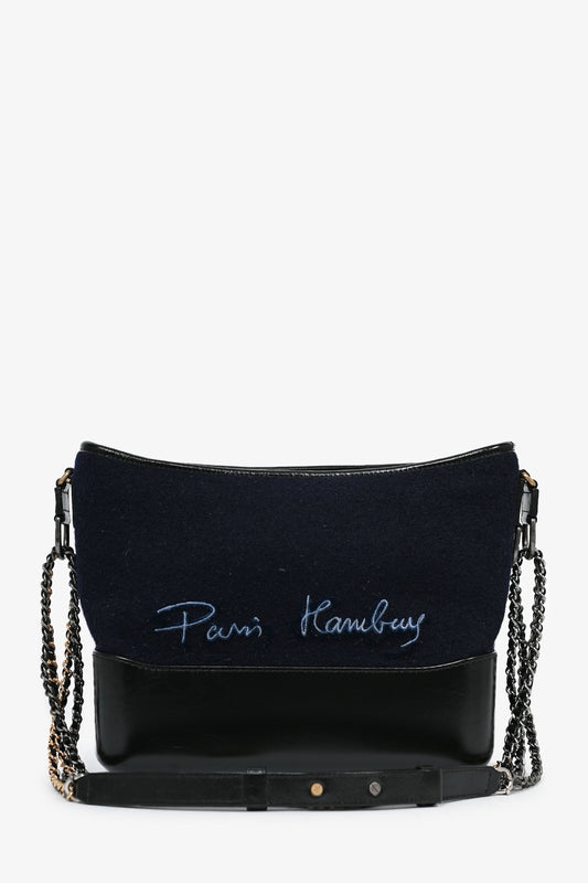Chanel 2019 Navy Wool ' Hamburg' Embroidered Large Gabrielle Hobo Shoulder Bag