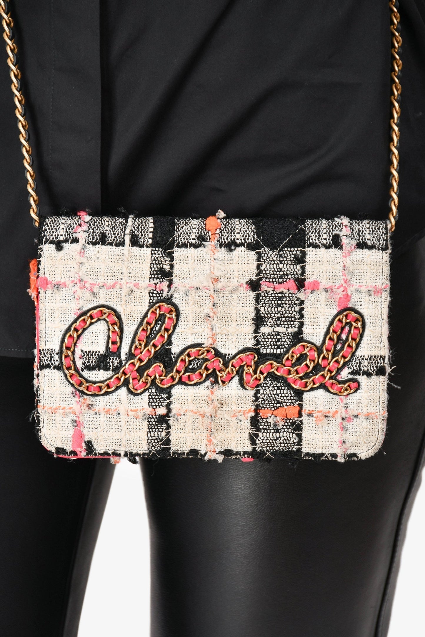 Chanel 2019 Pink/Black/Cream Tweed Wallet On Chain Crossbody
