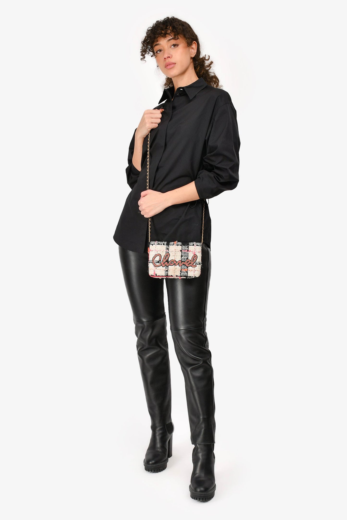 Chanel 2019 Pink/Black/Cream Tweed Wallet On Chain Crossbody