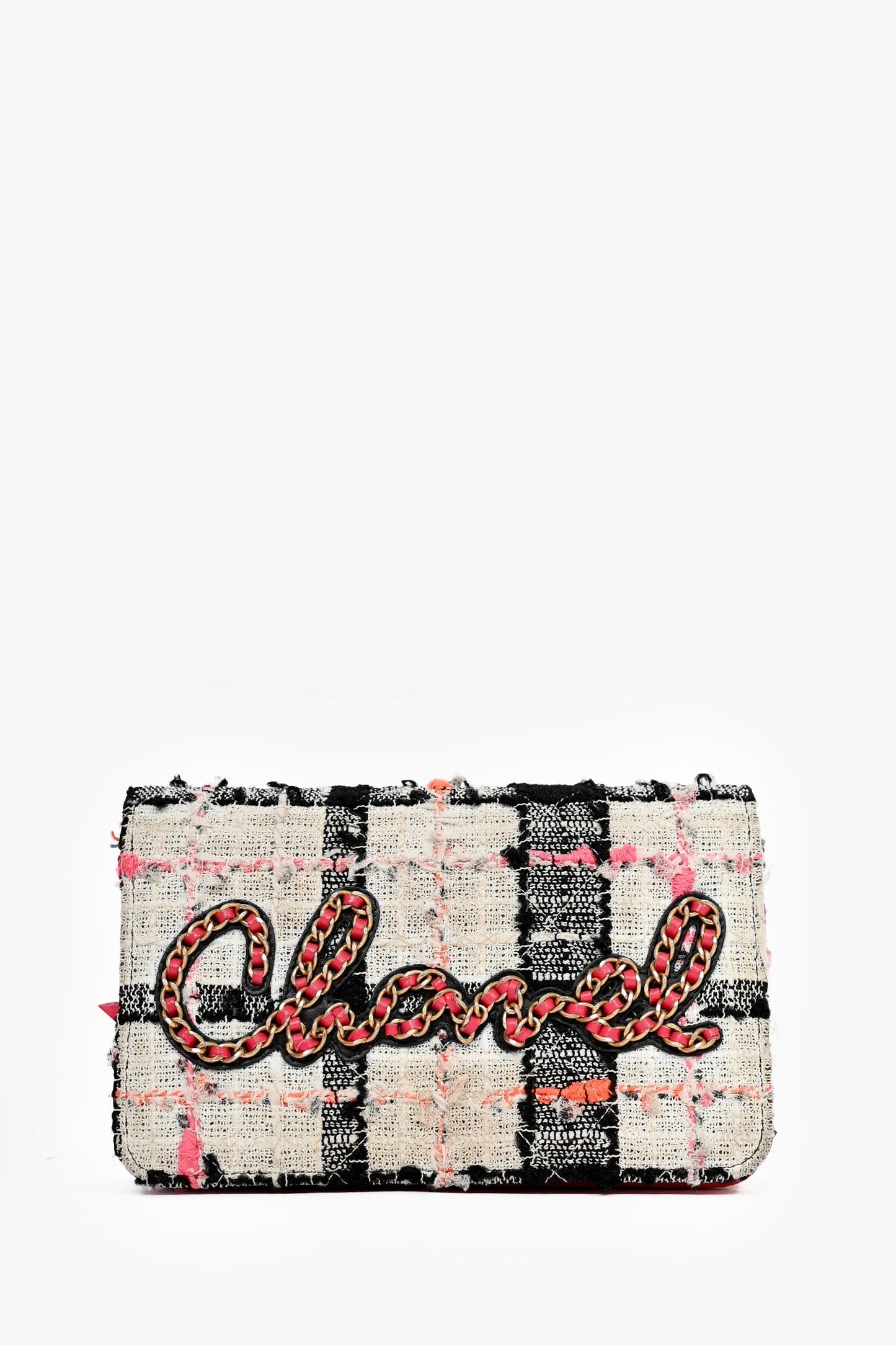 Chanel 2019 Pink/Black/Cream Tweed Wallet On Chain Crossbody