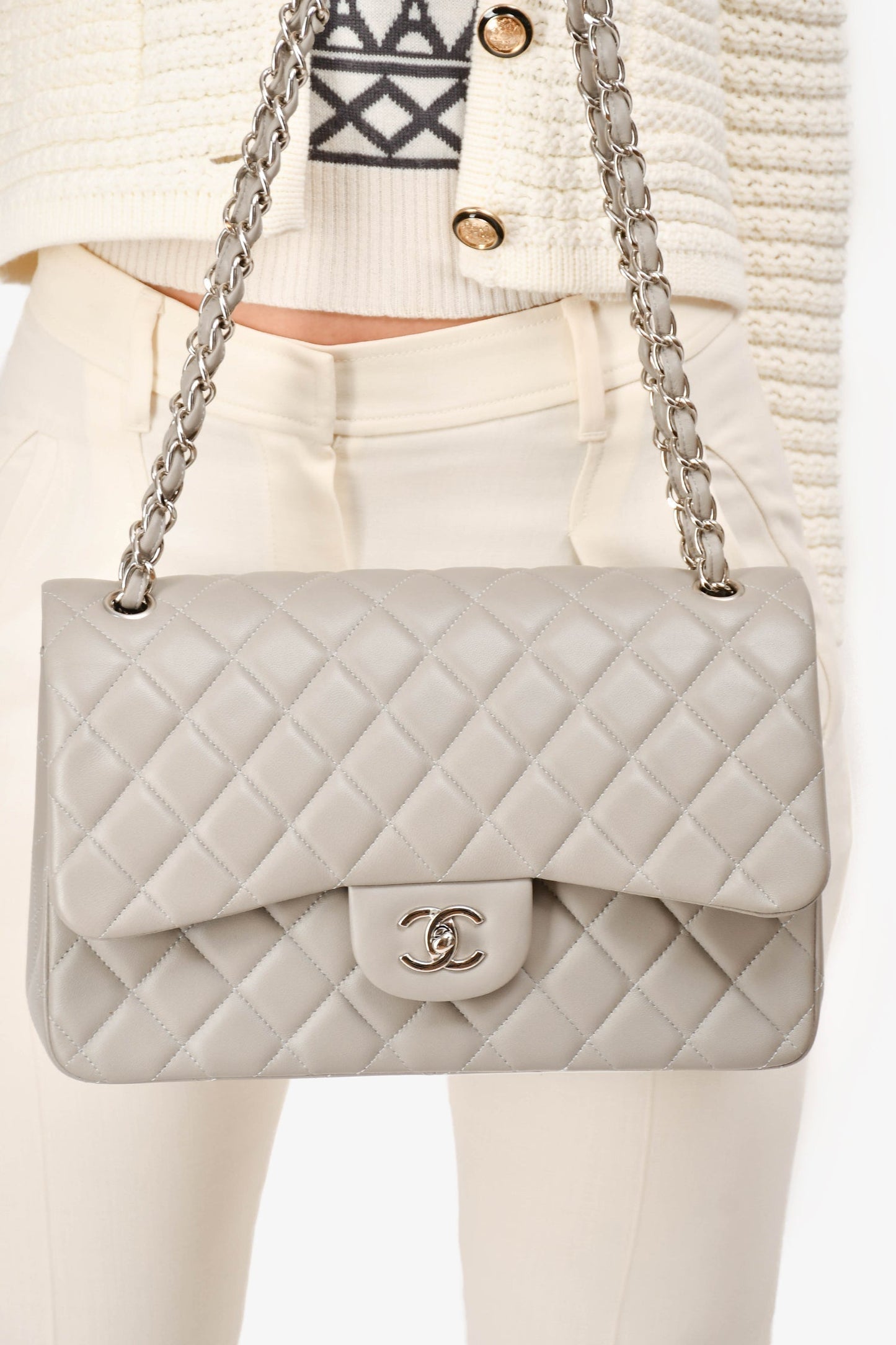 Chanel 2019/20 Grey Lambskin Leather Jumbo Double Flap Shoulder Bag