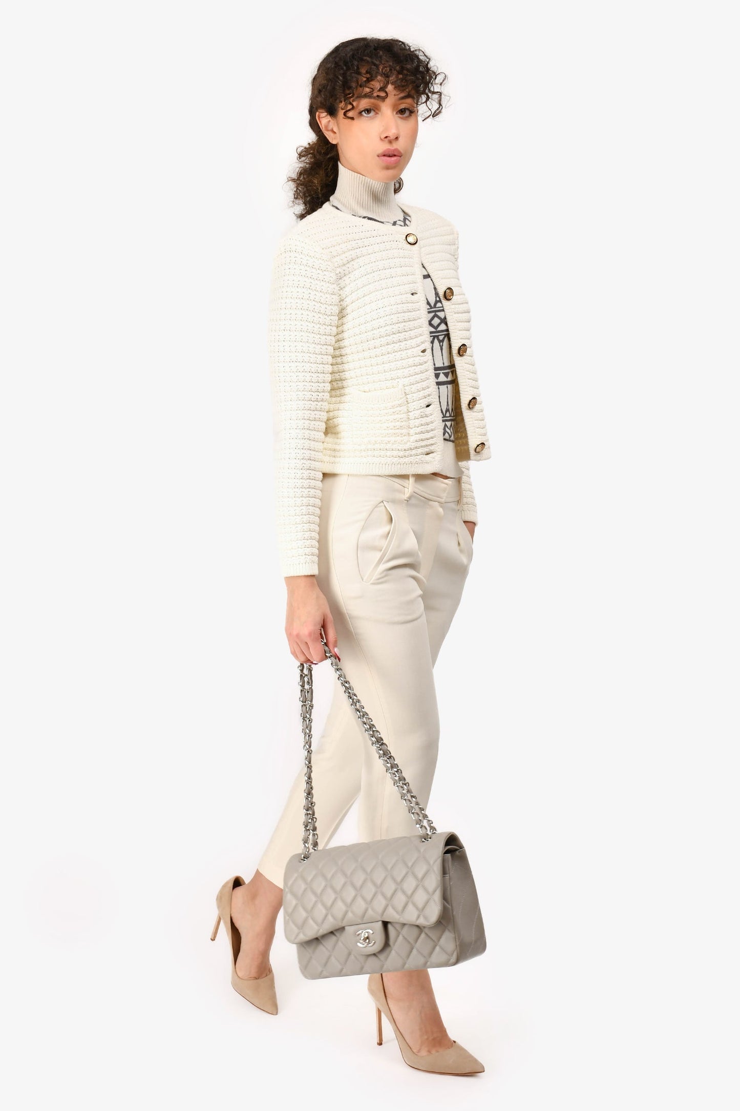 Chanel 2019/20 Grey Lambskin Leather Jumbo Double Flap Shoulder Bag