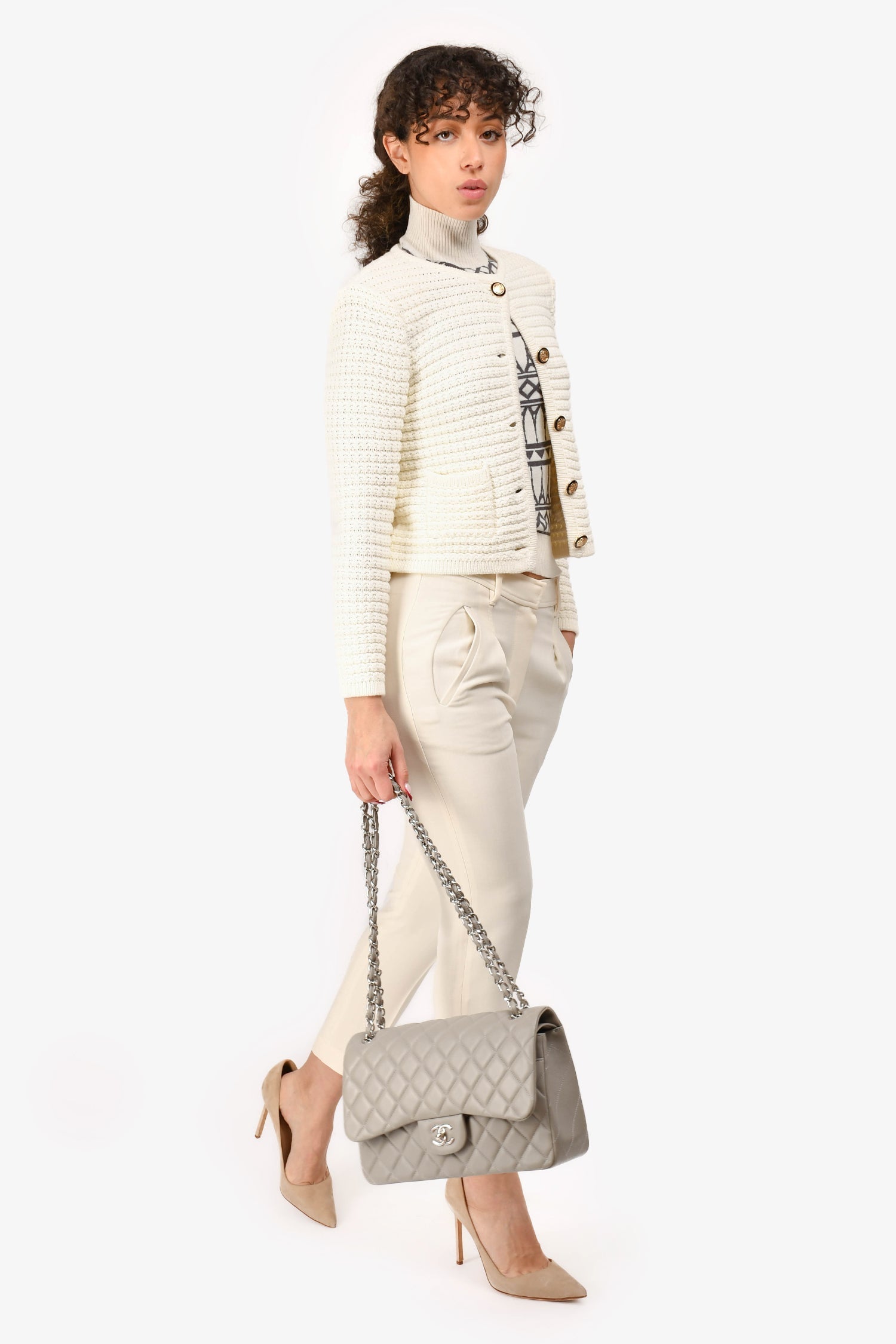 Chanel 2019/20 Grey Lambskin Leather Jumbo Double Flap Shoulder Bag