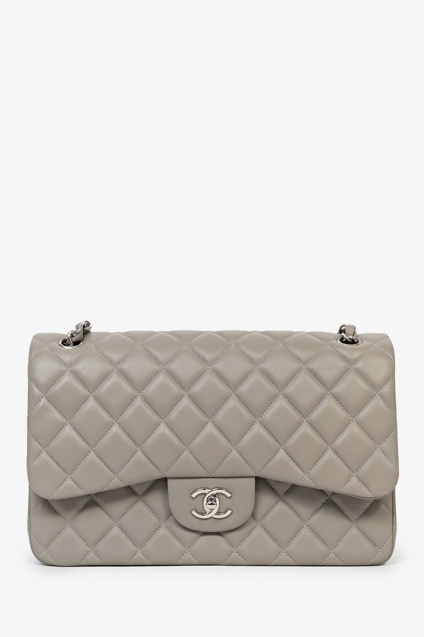 Chanel 2019/20 Grey Lambskin Leather Jumbo Double Flap Shoulder Bag