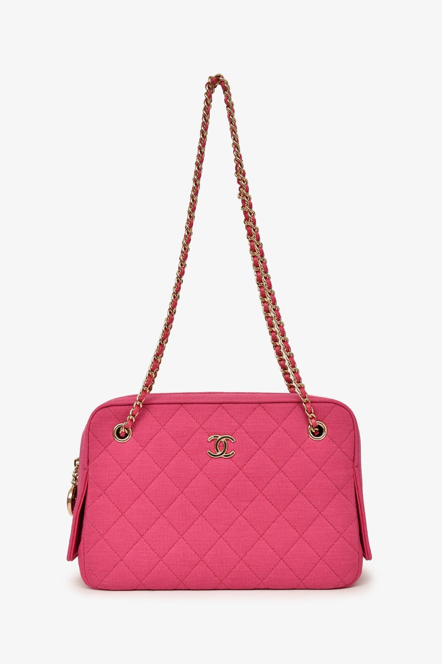 Chanel 2019-20 Fuchsia Quilted Jersey Zip Double Chain Bag