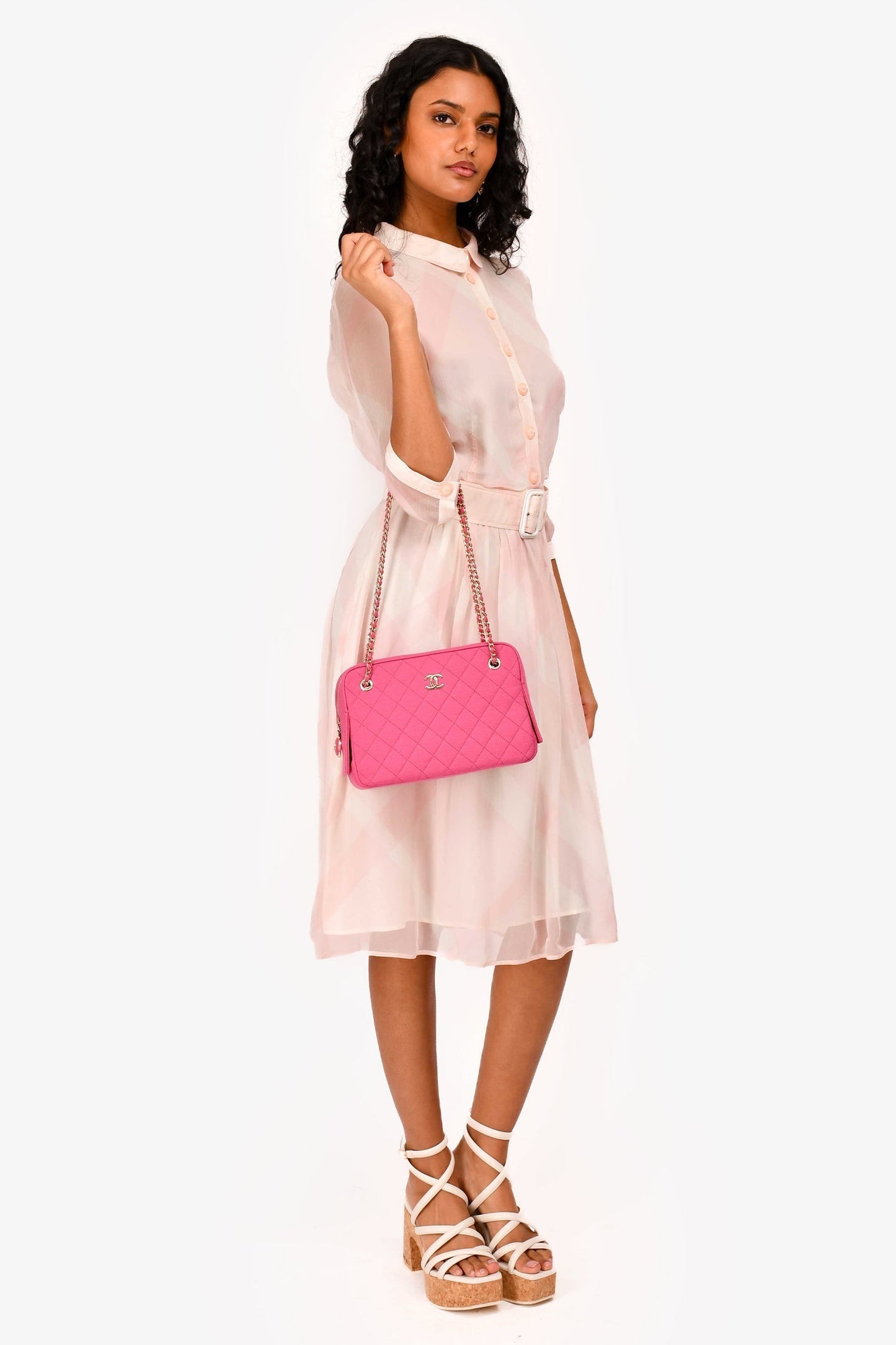 Chanel 2019-20 Fuchsia Quilted Jersey Zip Double Chain Bag