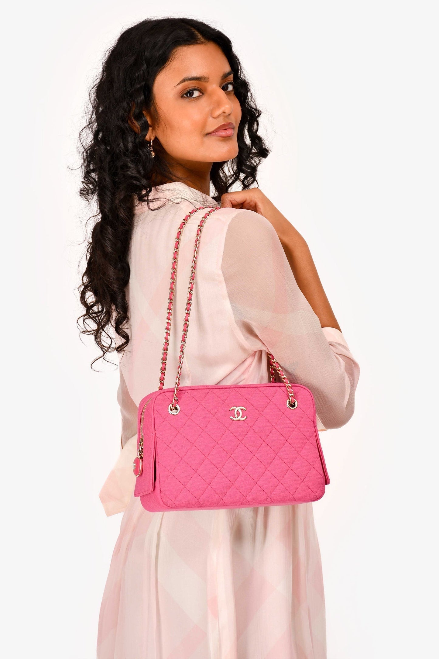 Chanel 2019-20 Fuchsia Quilted Jersey Zip Double Chain Bag