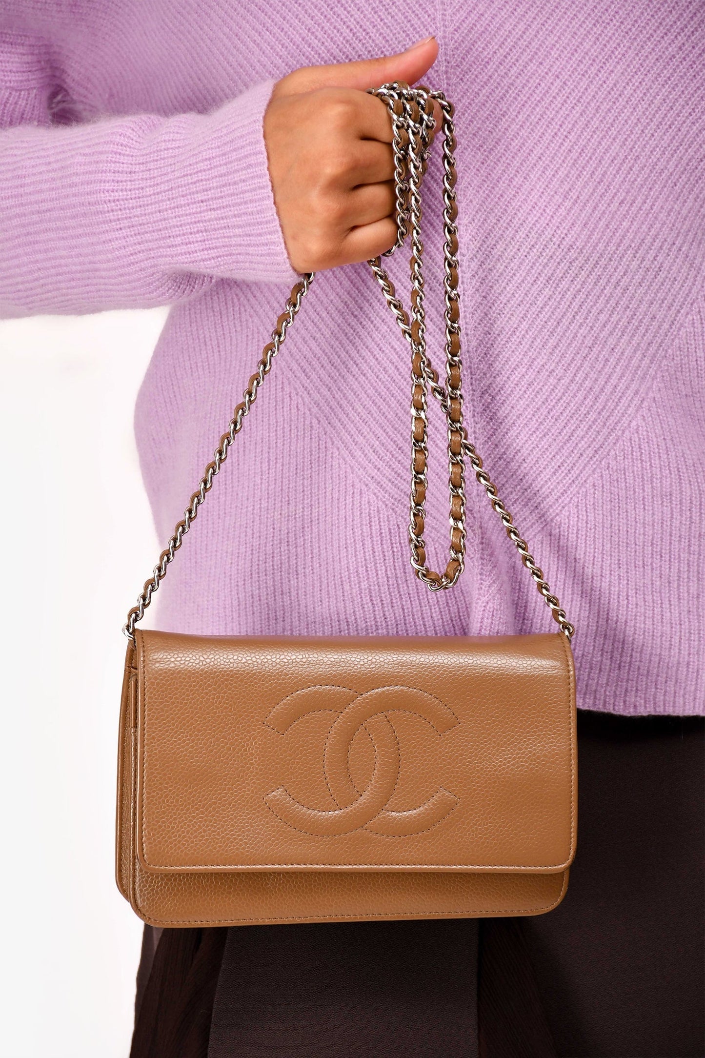 Chanel 2012-13 Brown Caviar Leather CC Logo Wallet On Chain Crossbody