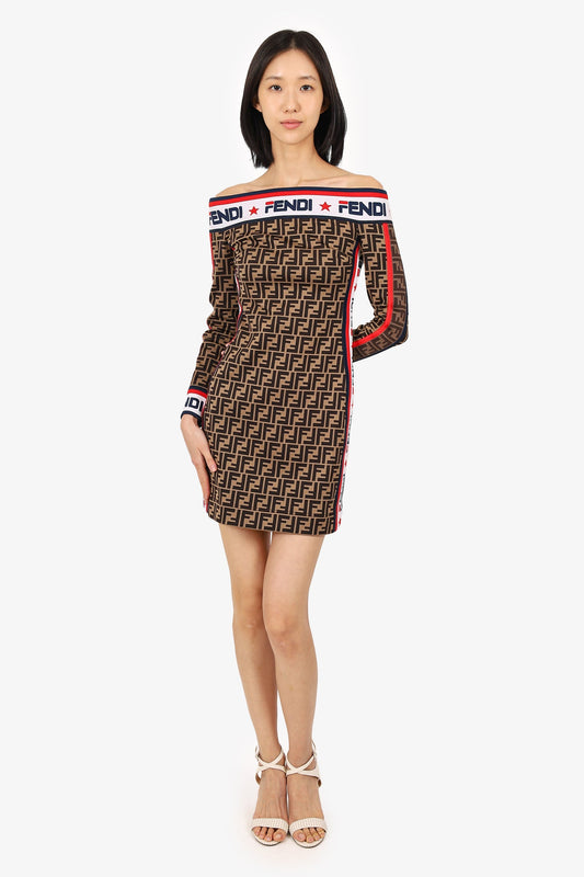 Fendi Brown Zucca Print Off The Shoulder Bodycon Dress Size 38