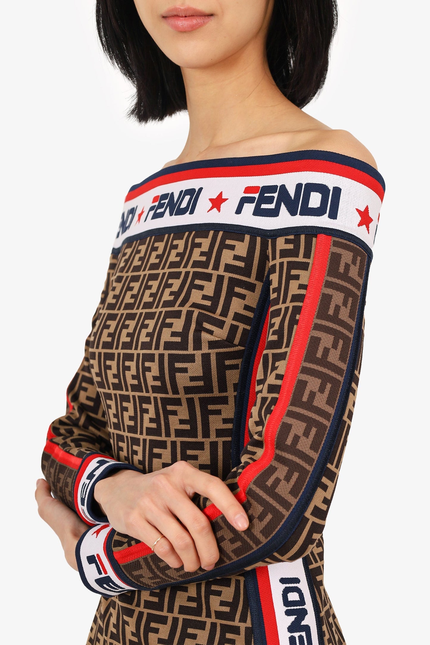 Fendi Brown Zucca Print Off The Shoulder Bodycon Dress Size 38