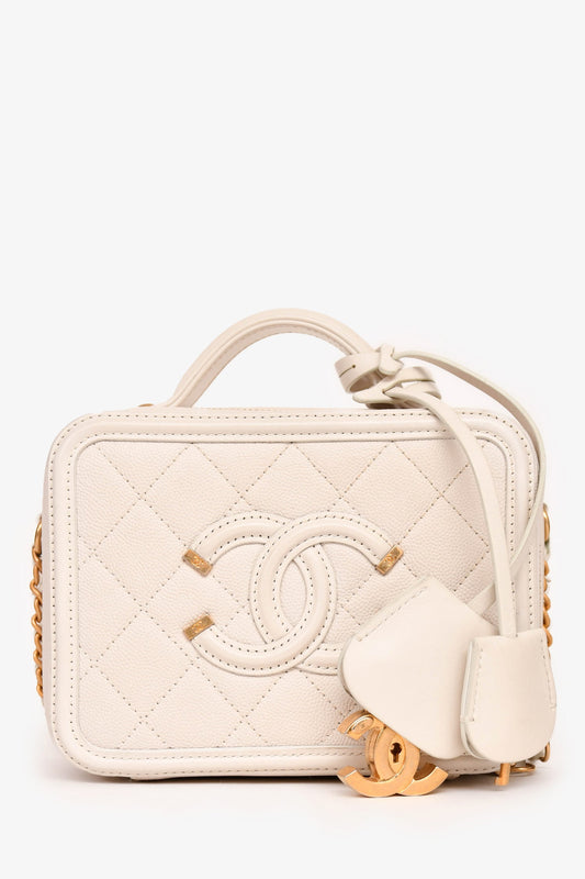 Chanel 2017/18 Cream Caviar Leather Small Filigree Vanity Case Handbag