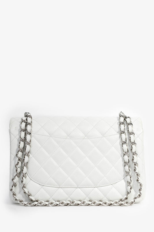 Chanel 2011 White Caviar Leather Jumbo Double Flap Shoulder Bag