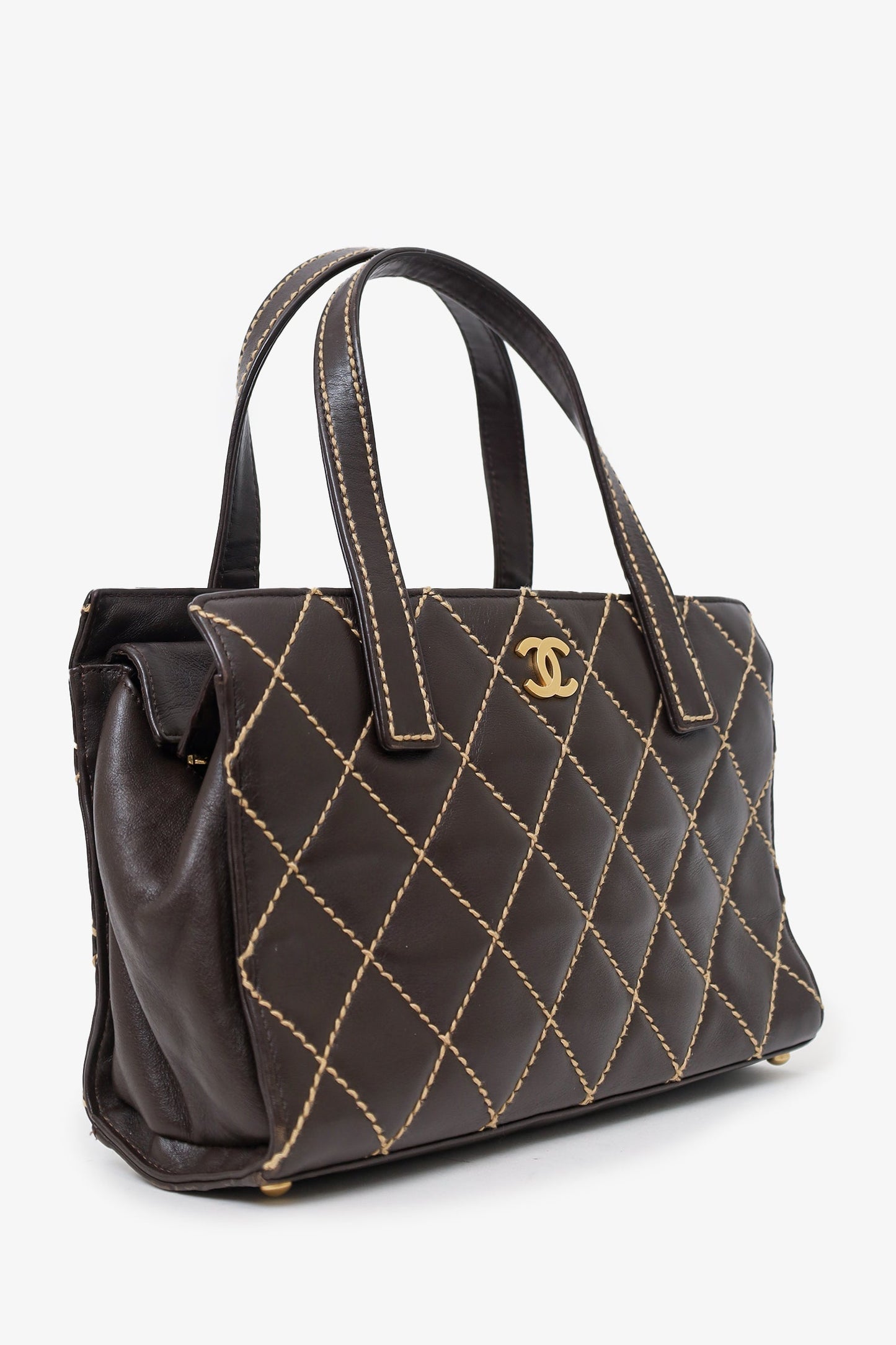 Chanel 2004-05 Brown Leather Wild Stitch Coco Mark Leather Tote Bag