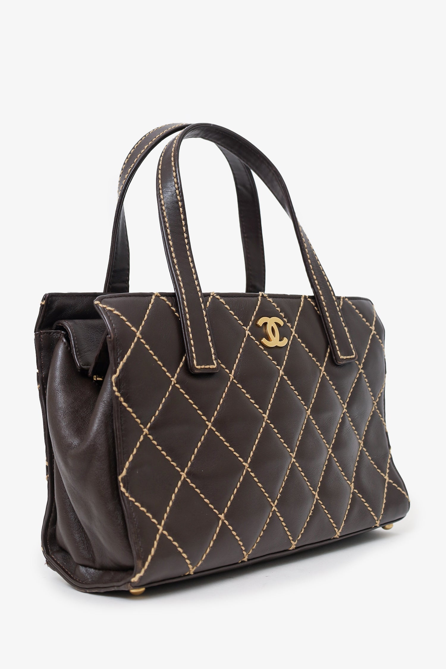 Chanel 2004-05 Brown Leather Wild Stitch Coco Mark Leather Tote Bag