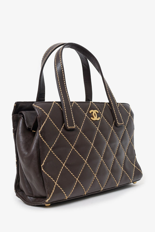 Chanel 2004-05 Brown Leather Wild Stitch Coco Mark Leather Tote Bag