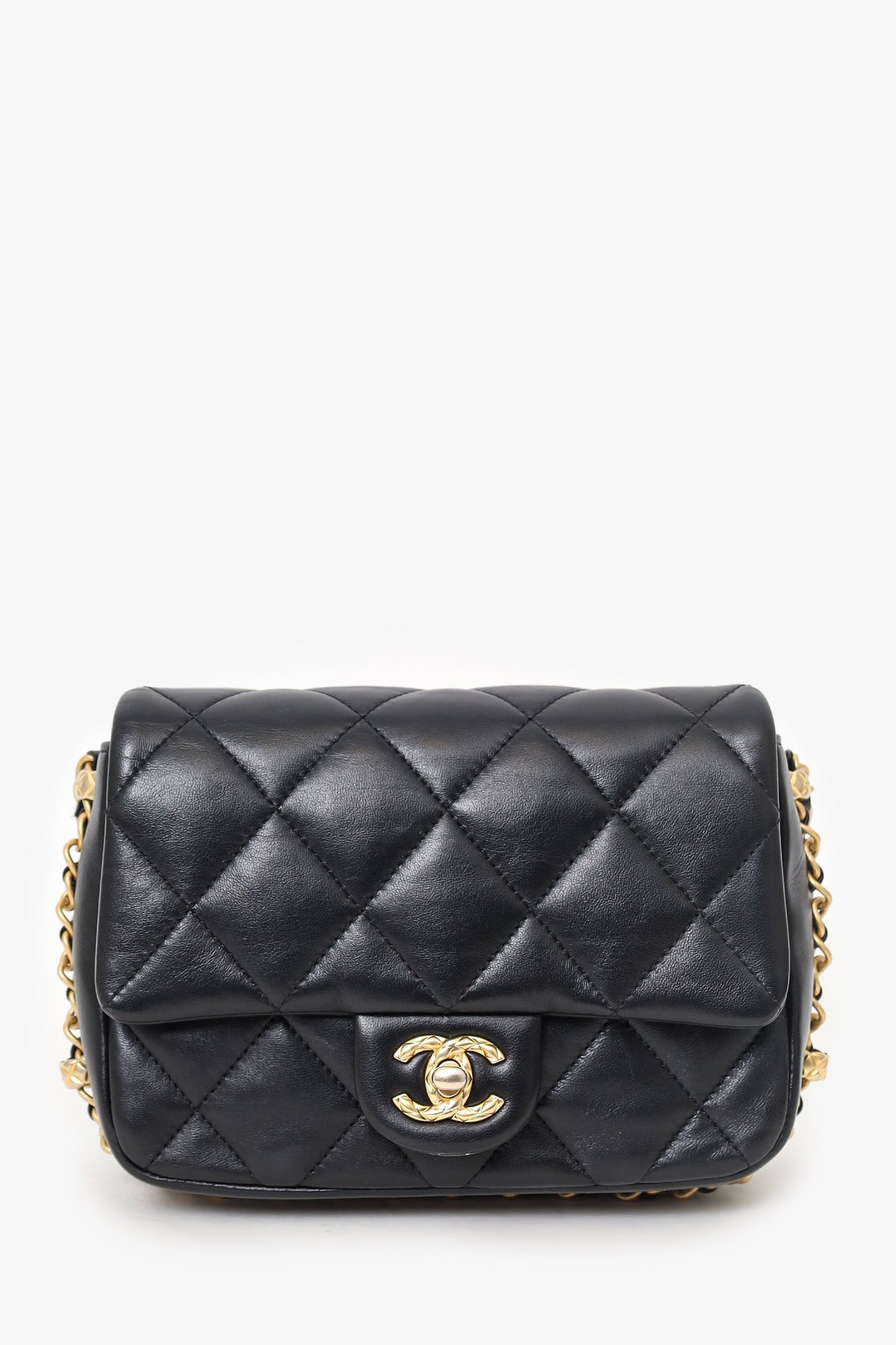Chanel 2023 Black Quilted Lambskin Chain Around Mini Square Flap Bag