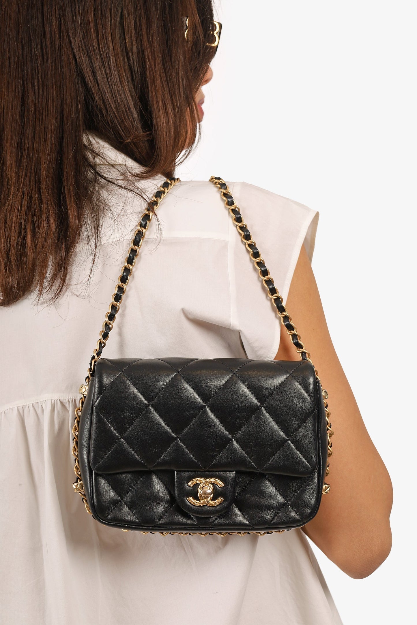 Chanel 2023 Black Quilted Lambskin Chain Around Mini Square Flap Bag