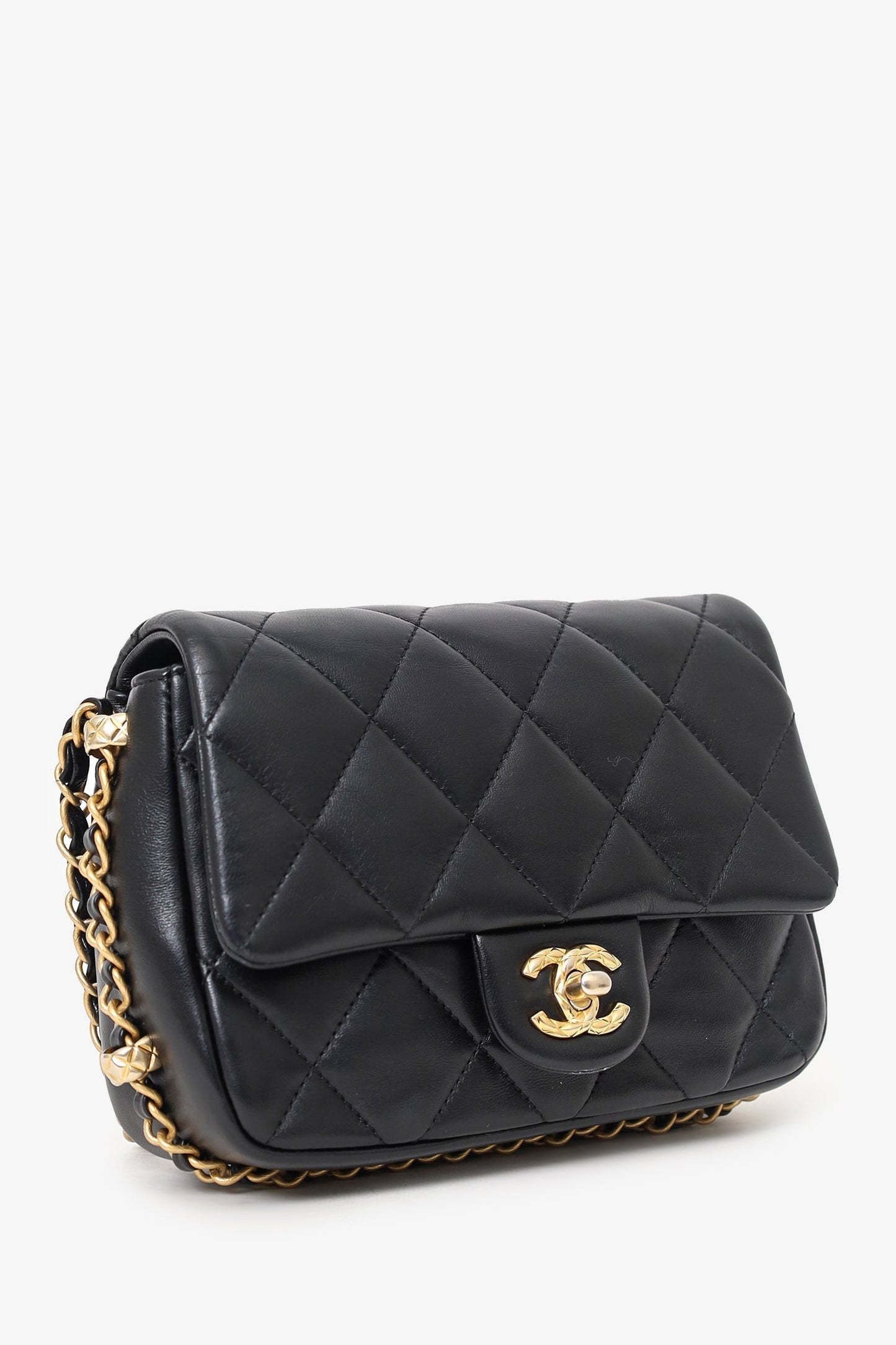 Chanel 2023 Black Quilted Lambskin Chain Around Mini Square Flap Bag