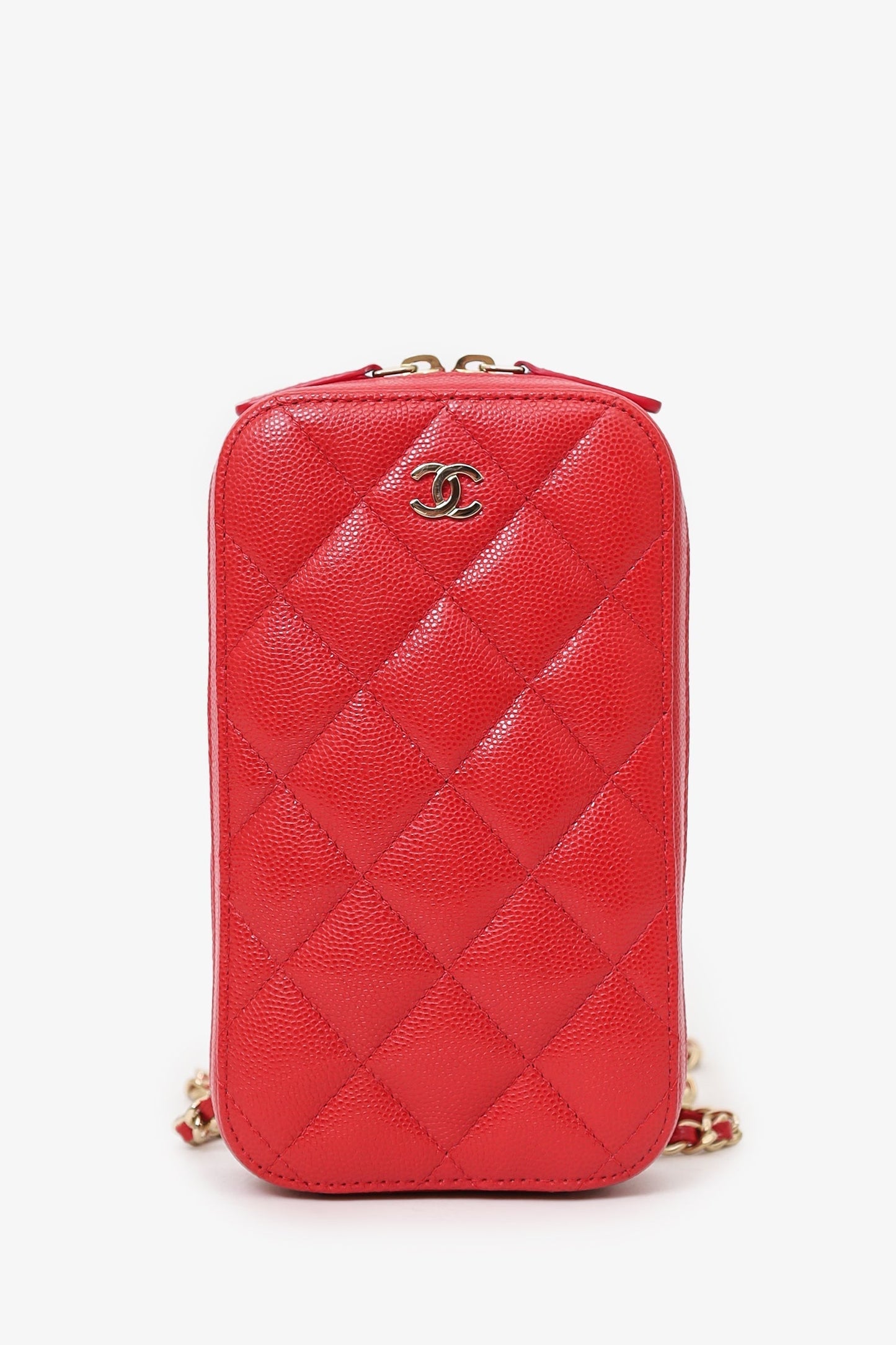 Chanel 2019 Red Caviar Vertical ZIP Around Phone Chain Bag