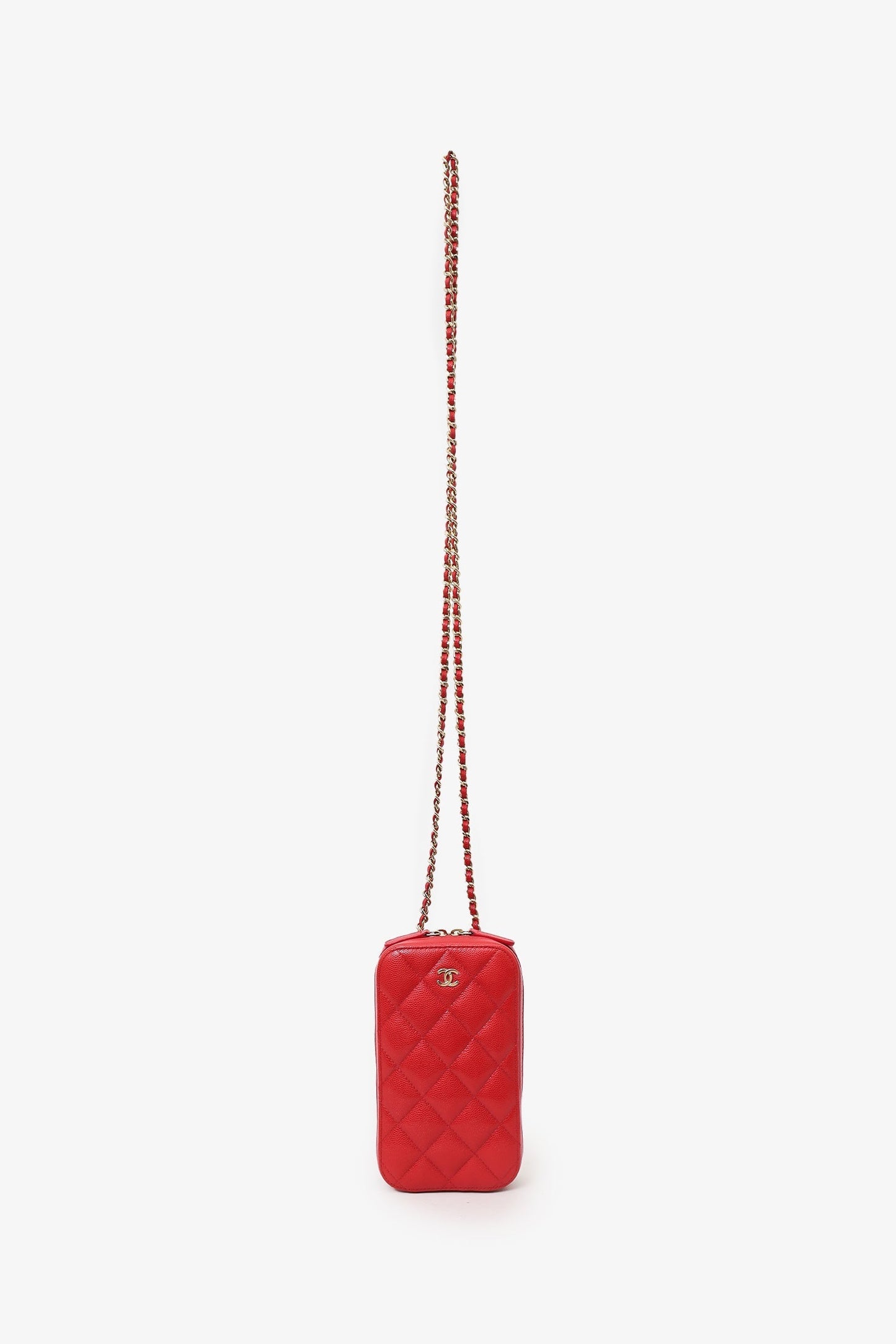 Chanel 2019 Red Caviar Vertical ZIP Around Phone Chain Bag