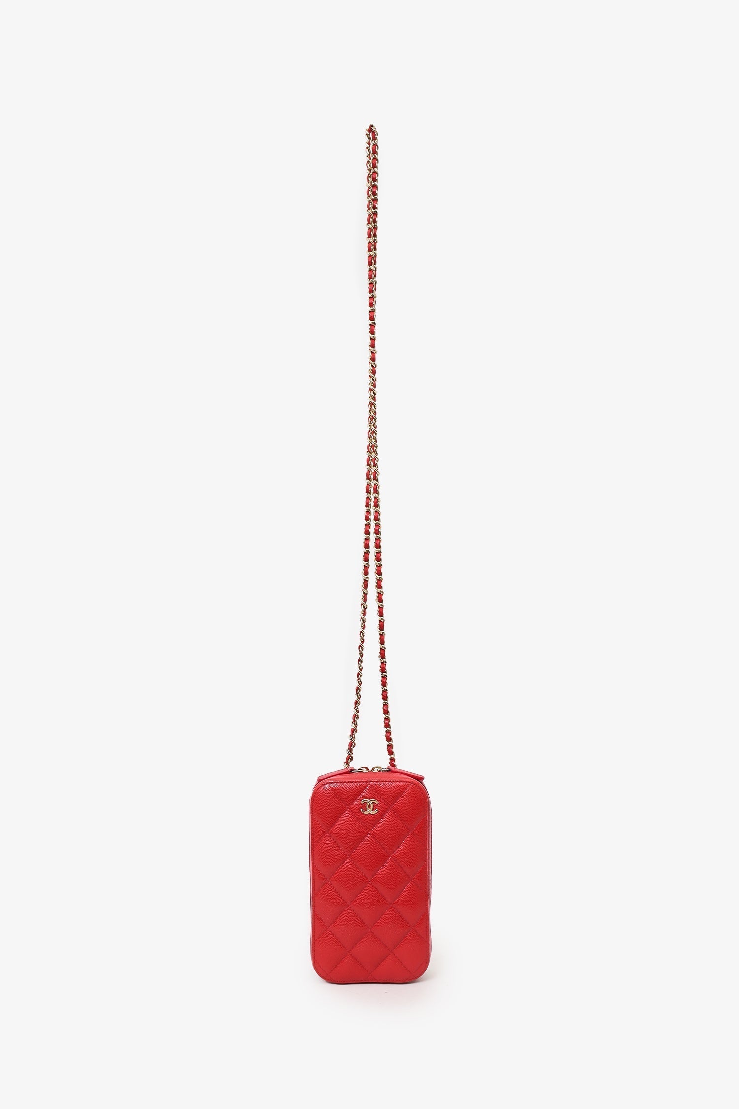 Chanel 2019 Red Caviar Vertical ZIP Around Phone Chain Bag