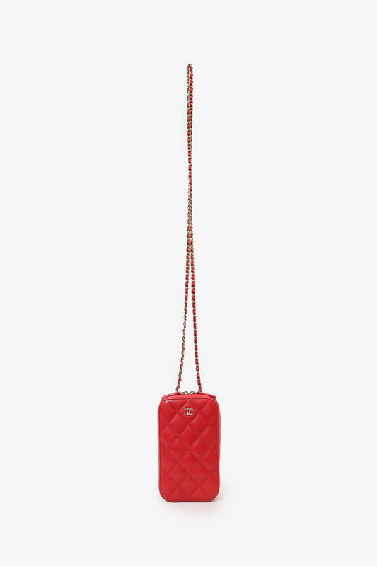 Chanel 2019 Red Caviar Vertical ZIP Around Phone Chain Bag