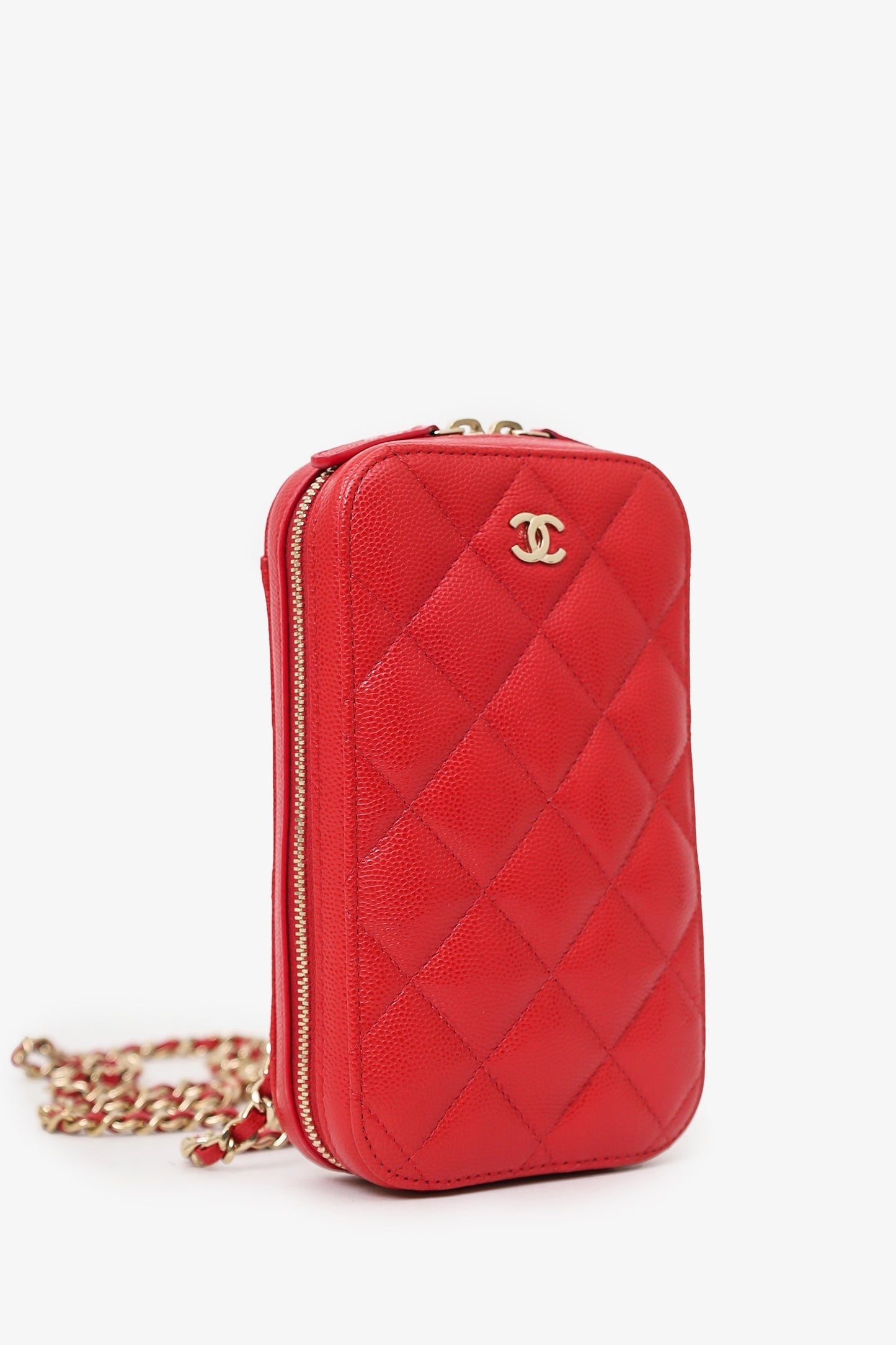 Chanel 2019 Red Caviar Vertical ZIP Around Phone Chain Bag