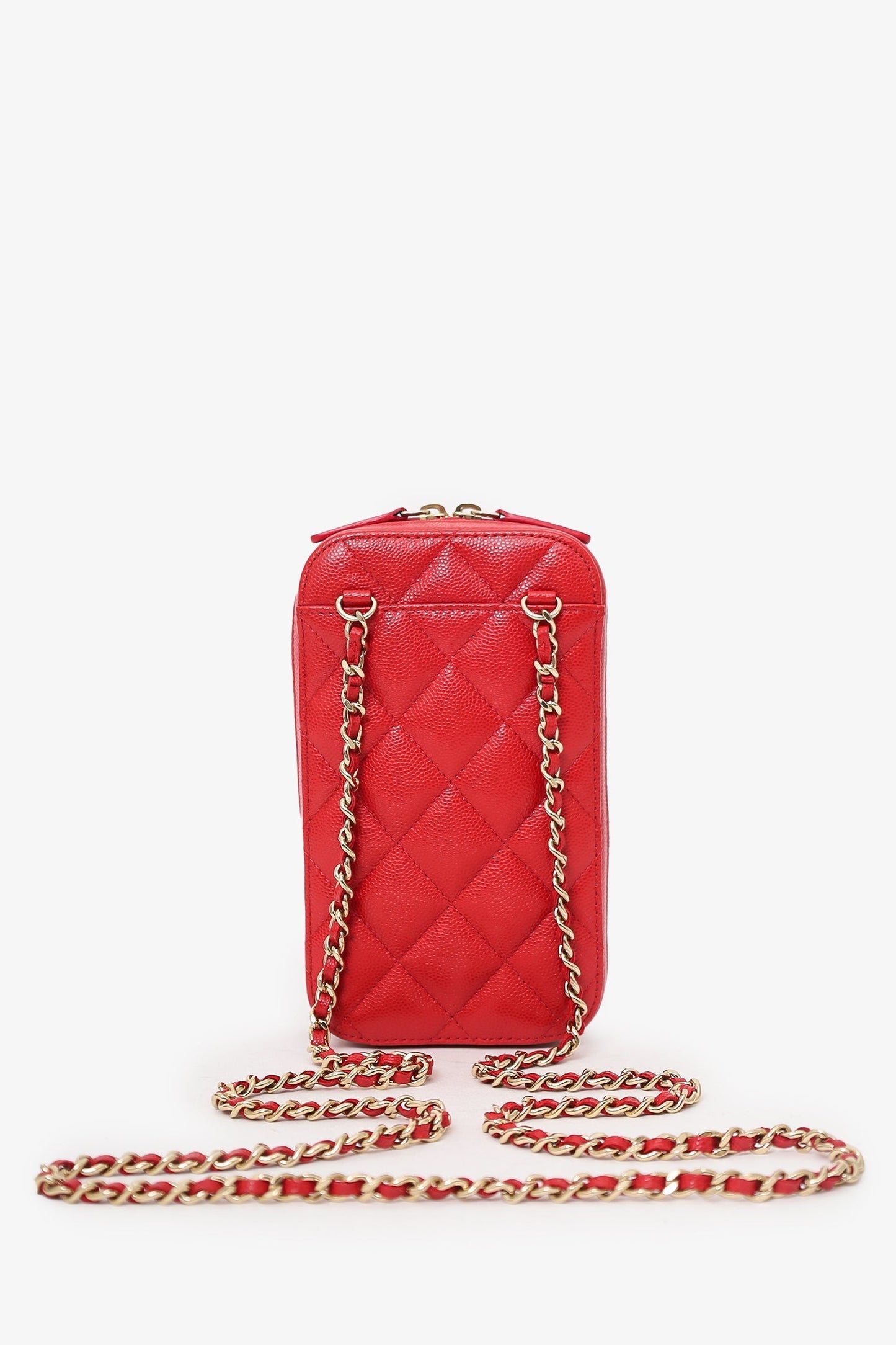 Chanel 2019 Red Caviar Vertical ZIP Around Phone Chain Bag