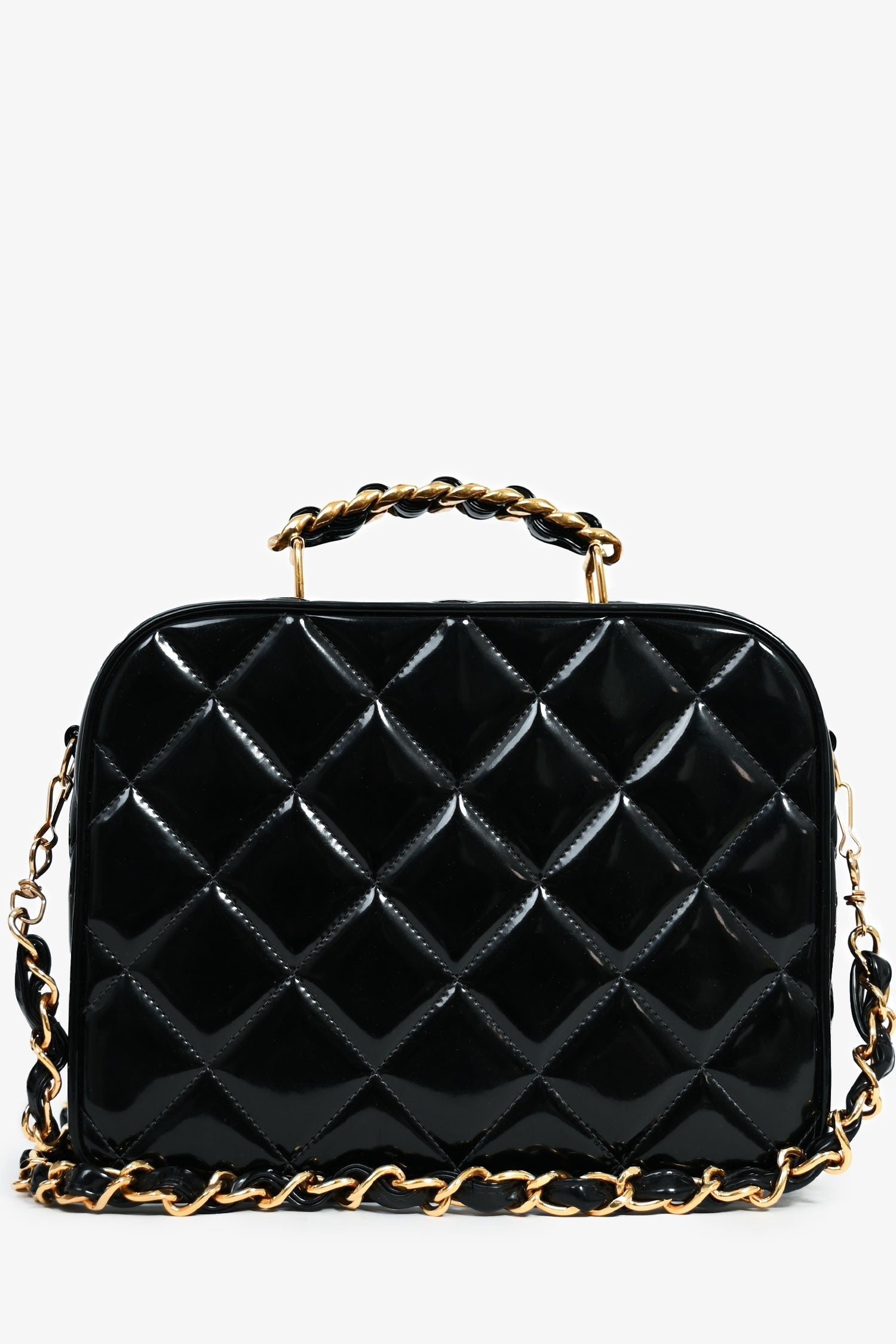 Chanel 1994-96 Black Patent Leather Large Vanity Case Handbag