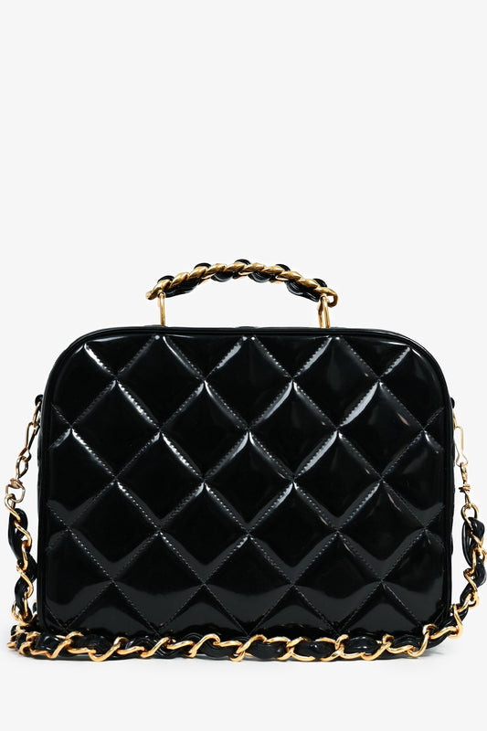 Chanel 1994-96 Black Patent Leather Large Vanity Case Handbag
