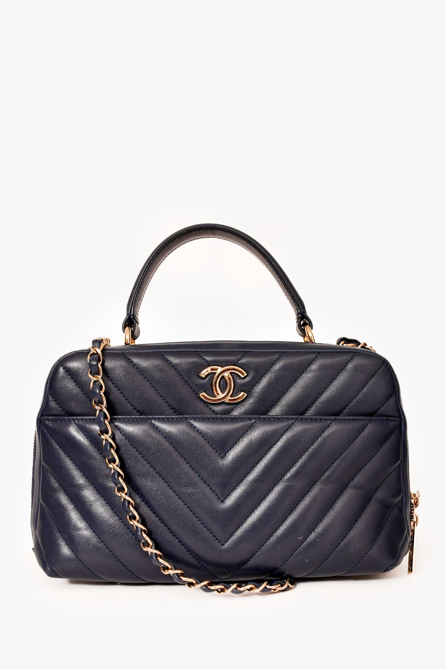 Chanel 2018 Navy Chevron Leather Medium Trendy Bowling Top Handle Handbag