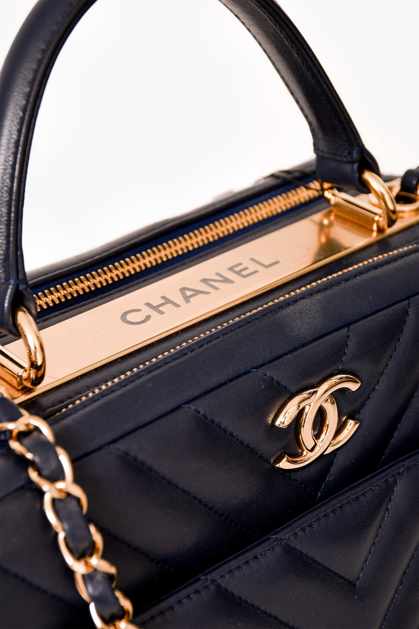 Chanel 2018 Navy Chevron Leather Medium Trendy Bowling Top Handle Handbag