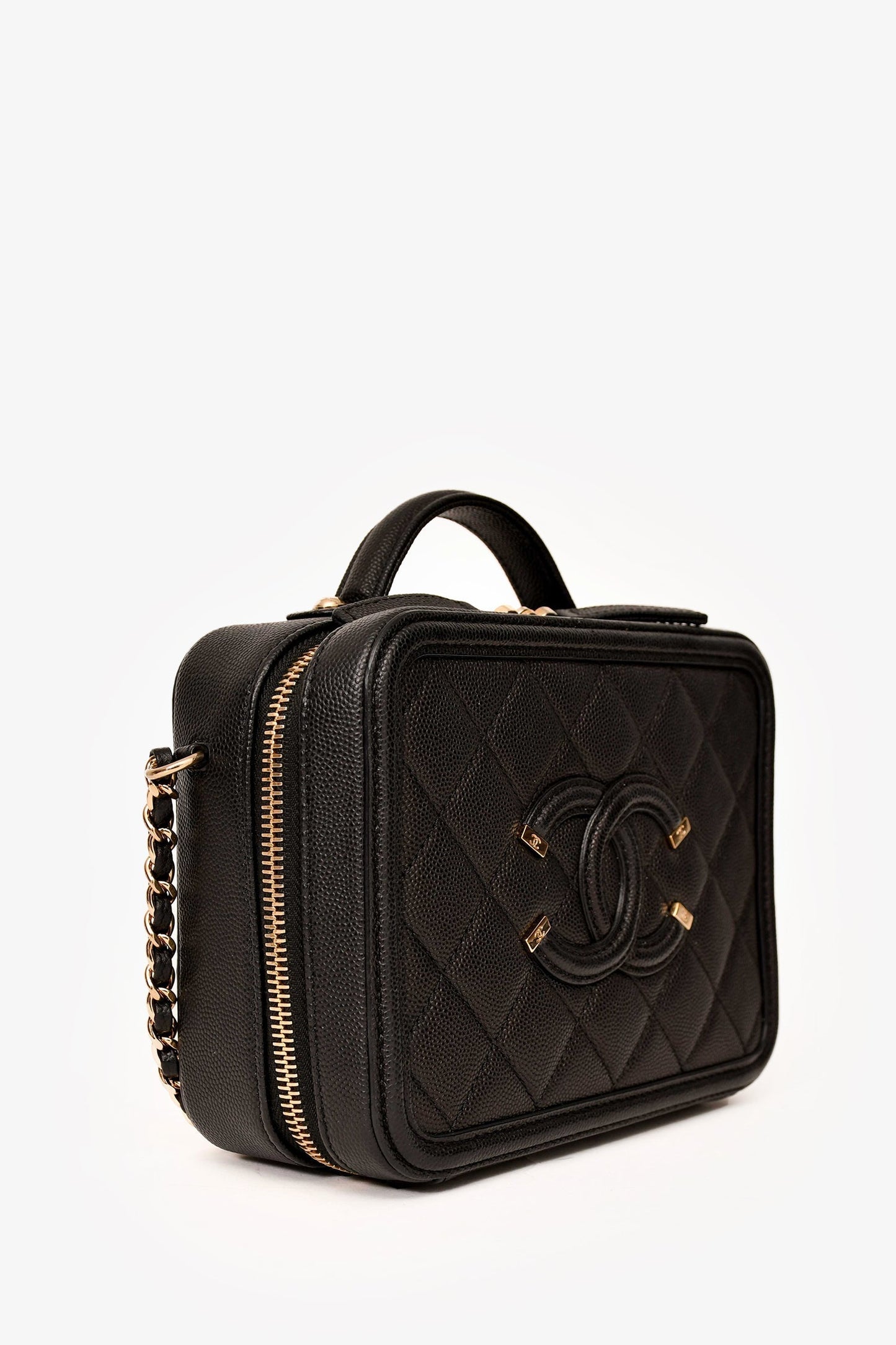 Chanel 2019-20 Black Caviar Leather Filigree Small Vanity Case Crossbody