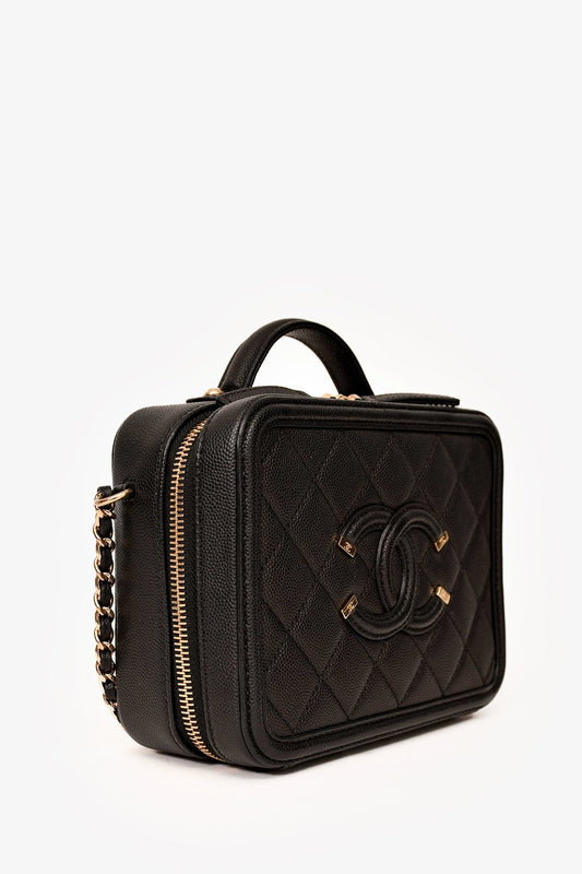 Chanel 2019-20 Black Caviar Leather Filigree Small Vanity Case Crossbody