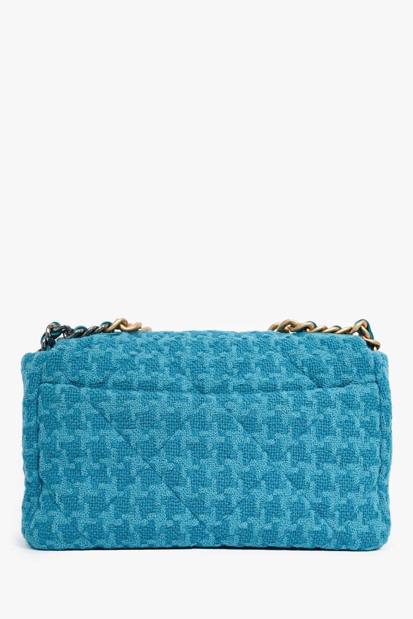 Chanel Blue Houndstooth Tweed Large 19 Flap Shoulder Bag