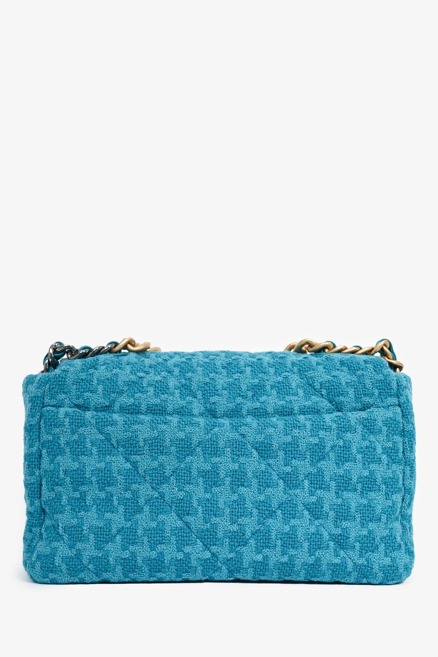 Chanel Blue Houndstooth Tweed Large 19 Flap Shoulder Bag