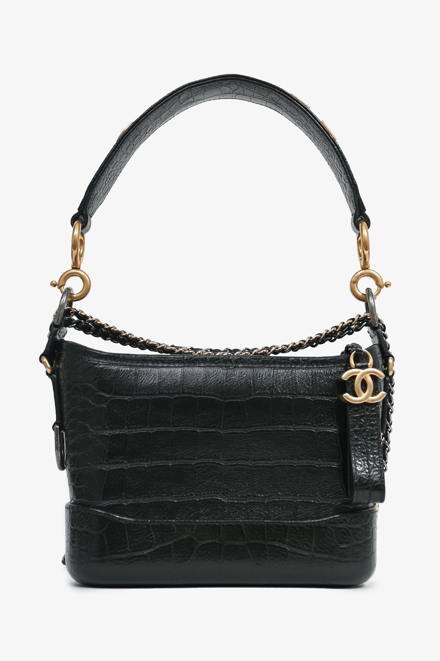Chanel 2019-20 Black Croc Embossed Leather Medium Gabrielle Crossbody Bag with Logo Strap