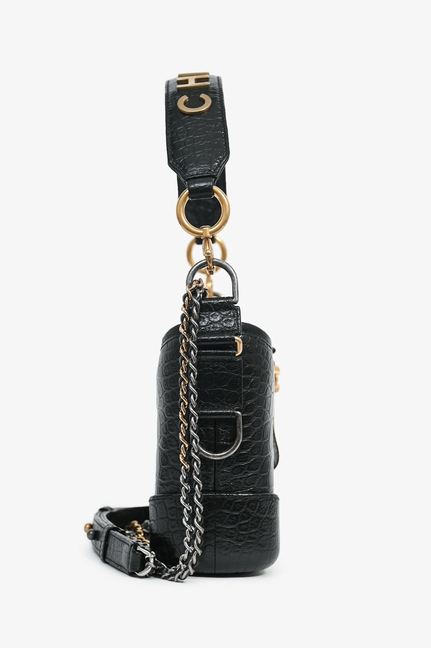 Chanel 2019-20 Black Croc Embossed Leather Medium Gabrielle Crossbody Bag with Logo Strap
