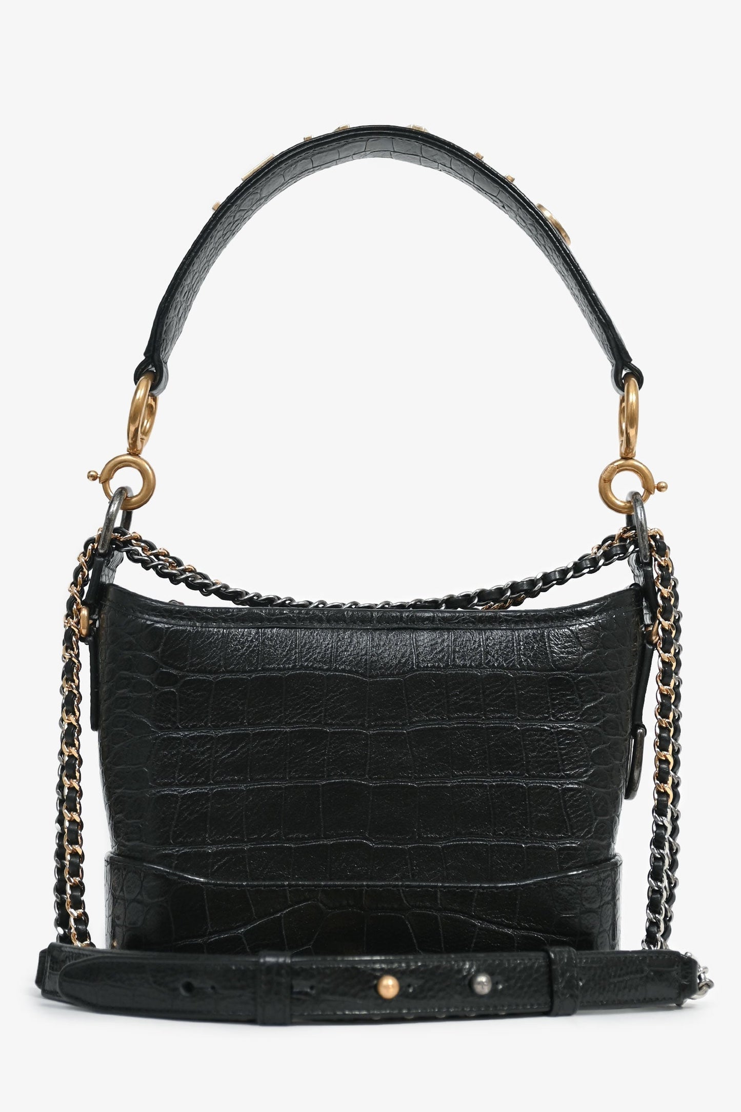 Chanel 2019-20 Black Croc Embossed Leather Medium Gabrielle Crossbody Bag with Logo Strap