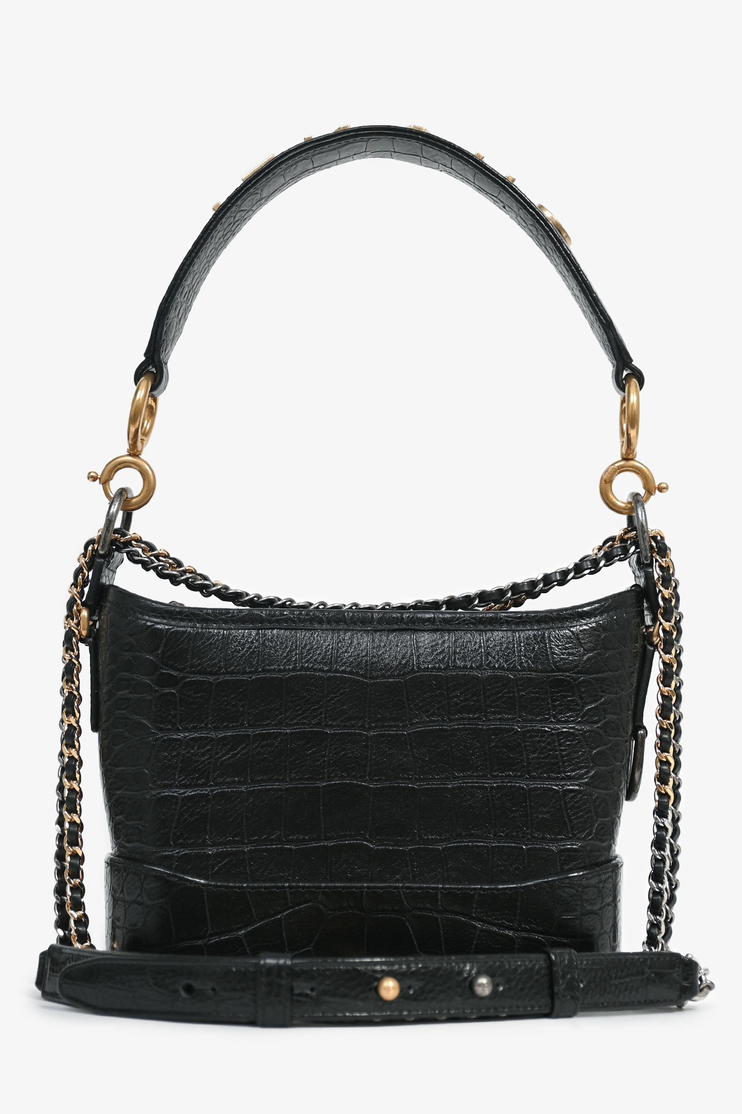 Chanel 2019-20 Black Croc Embossed Leather Medium Gabrielle Crossbody Bag with Logo Strap